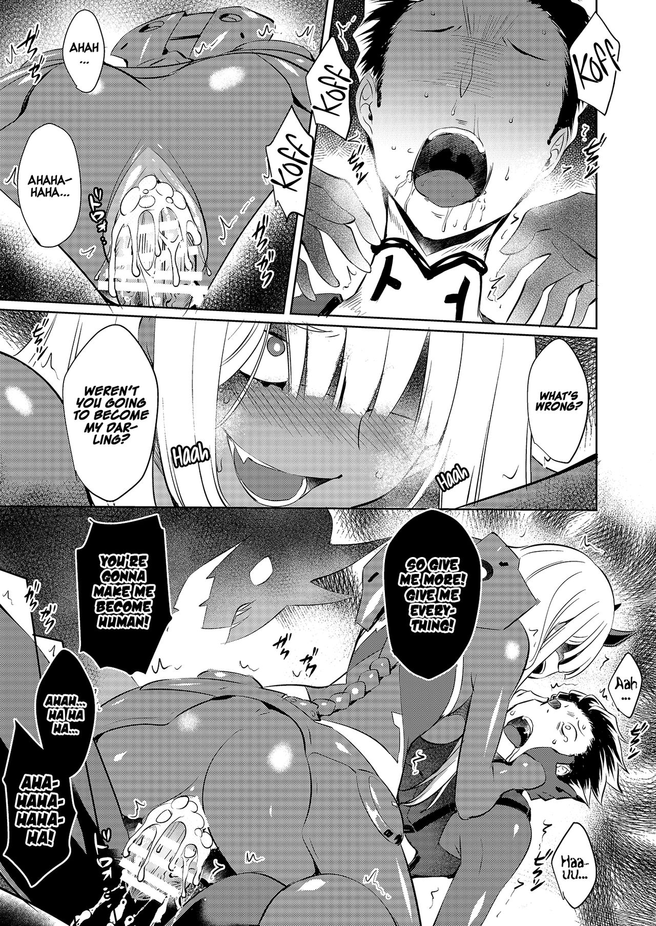 bodysuit, censored, darling in the franxx, dialogue, english text, female, human, long hair, male, mitsuru (darling in the franxx), monochrome, pussy, sex, straight, text, vaginal penetration, zero two (darling in the franxx)