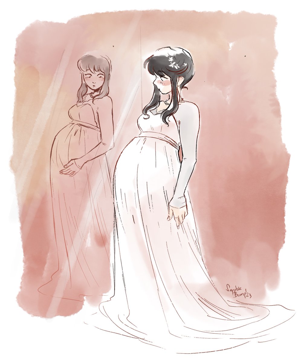 1girls, artist name, artist signature, big belly, black hair, bloated belly, blush, blushing, clothed, clothing, color, colored, dress, female, female only, full body, fully clothed, hand on belly, long sleeves, looking at self, maternity clothes, maternity dress, mirror, mirror reflection, necklace, pale skin, pale-skinned female, pregnant, safe for work, sapphicbump, schpog, spy x family, tied hair, white dress, wholesome, yor briar