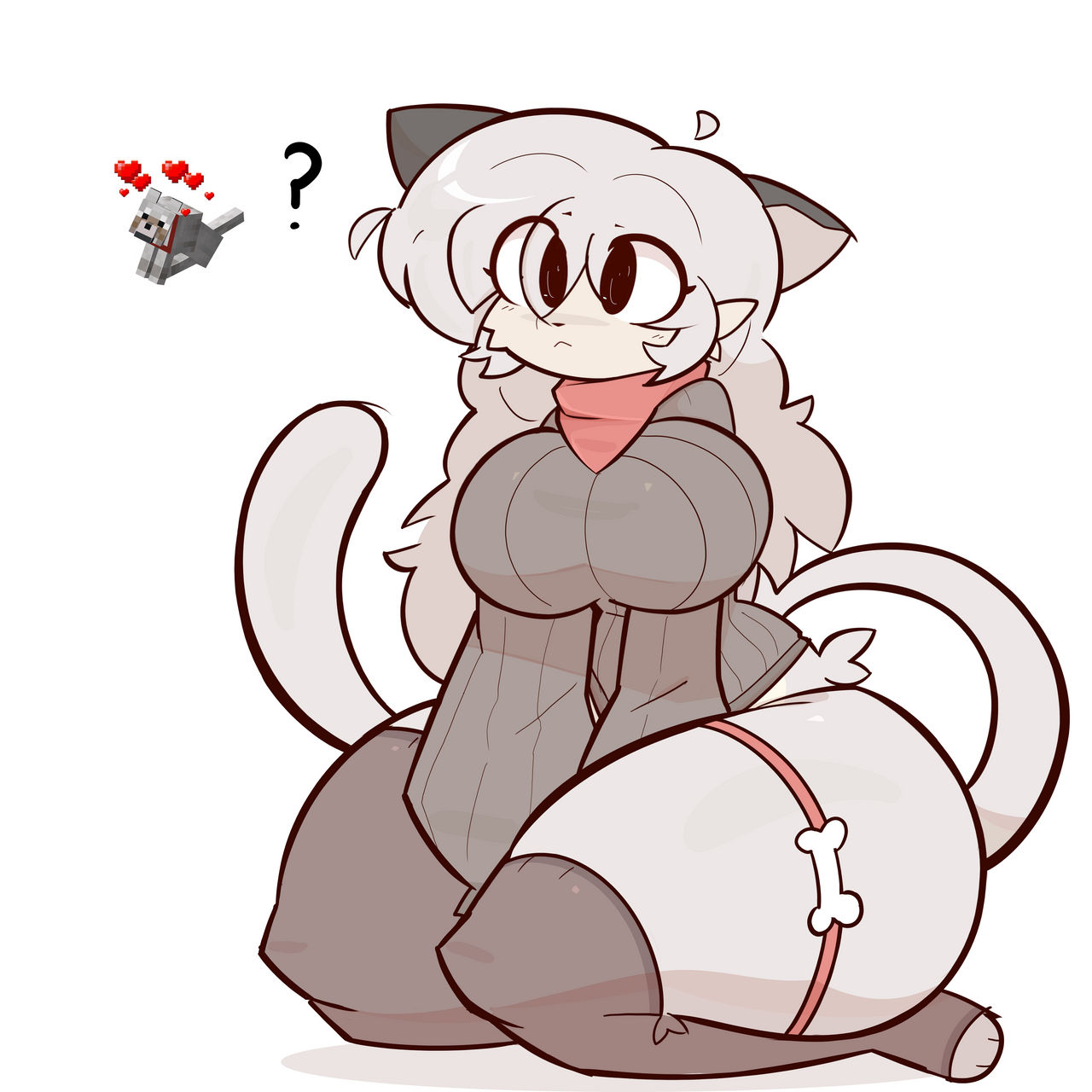 1girls, anthro, big breasts, bone, clothed, clothing, curious, cute, female, gray fur, gray hair, head tilt, heart, long hair, long sleeves, long socks, merricuwu, minecraft, mojang, question mark, reference image, solo, solo female, sweater, tail, thick ass, thick thighs, tilted head, wolf, wolf (minecraft), wolf ears, wolf girl, wolf tail