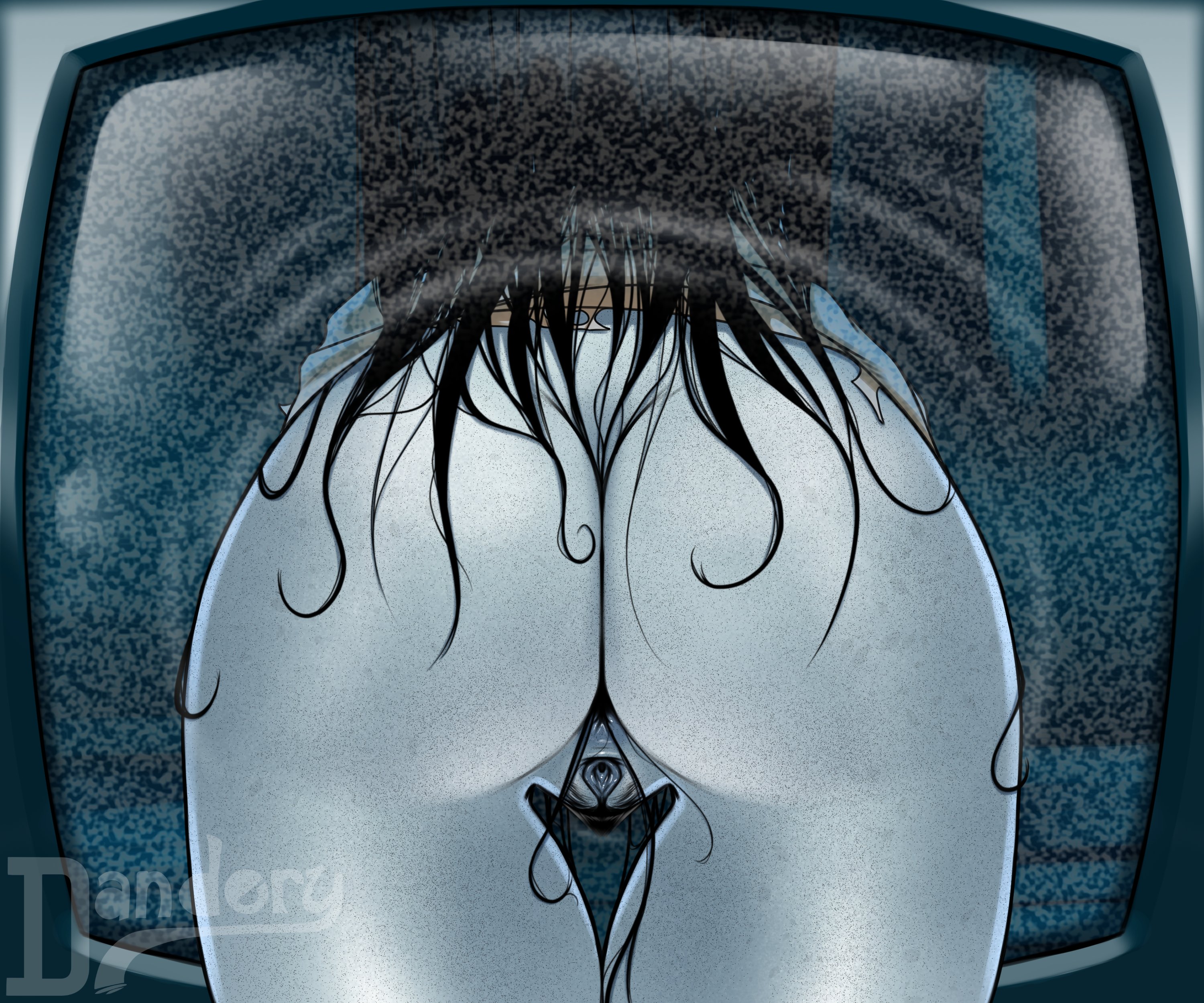 1girls, 2d, artist signature, ass, ass focus, ass only, bent over, black hair, black hair female, dandery, exposed, exposed ass, exposed pussy, female, female focus, female only, from behind, ghost, ghost girl, halloween, hi res, highres, lower body, pale skin, pale-skinned female, presenting, presenting pussy, pussy, sadako yamamura, solo, solo female, solo focus, stuck in tv, tagme, the ring, through tv, tv, yamamura sadako
