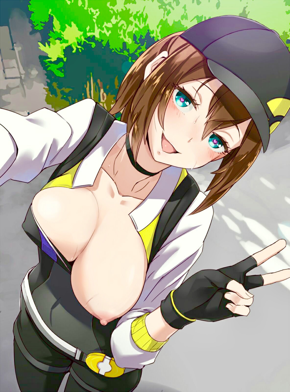 1girls, areola, areolae, backpack, bag, belly, belt, big breasts, blue eyes, blush, breast slip, breasts, brown hair, choker, cleavage, eyelashes, female, female only, female protagonist (pokemon go), footwear, gesture, gloves, handwear, hat, heart, heart-shaped pupils, holding, human, jacket, leggings, looking at viewer, nintendo, nipple slip, nipples, one breast out, open mouth, outdoors, pokemon, pokemon go, selfie, shirt, short hair, shorts, skintight, smile, solo, standing, sweat, symbol-shaped pupils, tongue, tongue out, v, wet