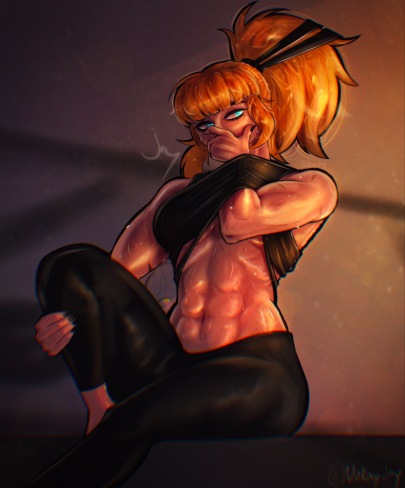 abs, athletic, athletic female, black leggings, black legwear, black tank top, blonde female, blonde hair, blue eyes, covered mouth, digital media (artwork), female, female focus, female only, magik (illyana rasputin), magik (marvel rivals), marvel, marvel comics, marvel rivals, muscles, muscular female, navel, nokayjay, sfw, sweat, sweaty body, tank top, thighs, toned, toned arms, toned body, toned female