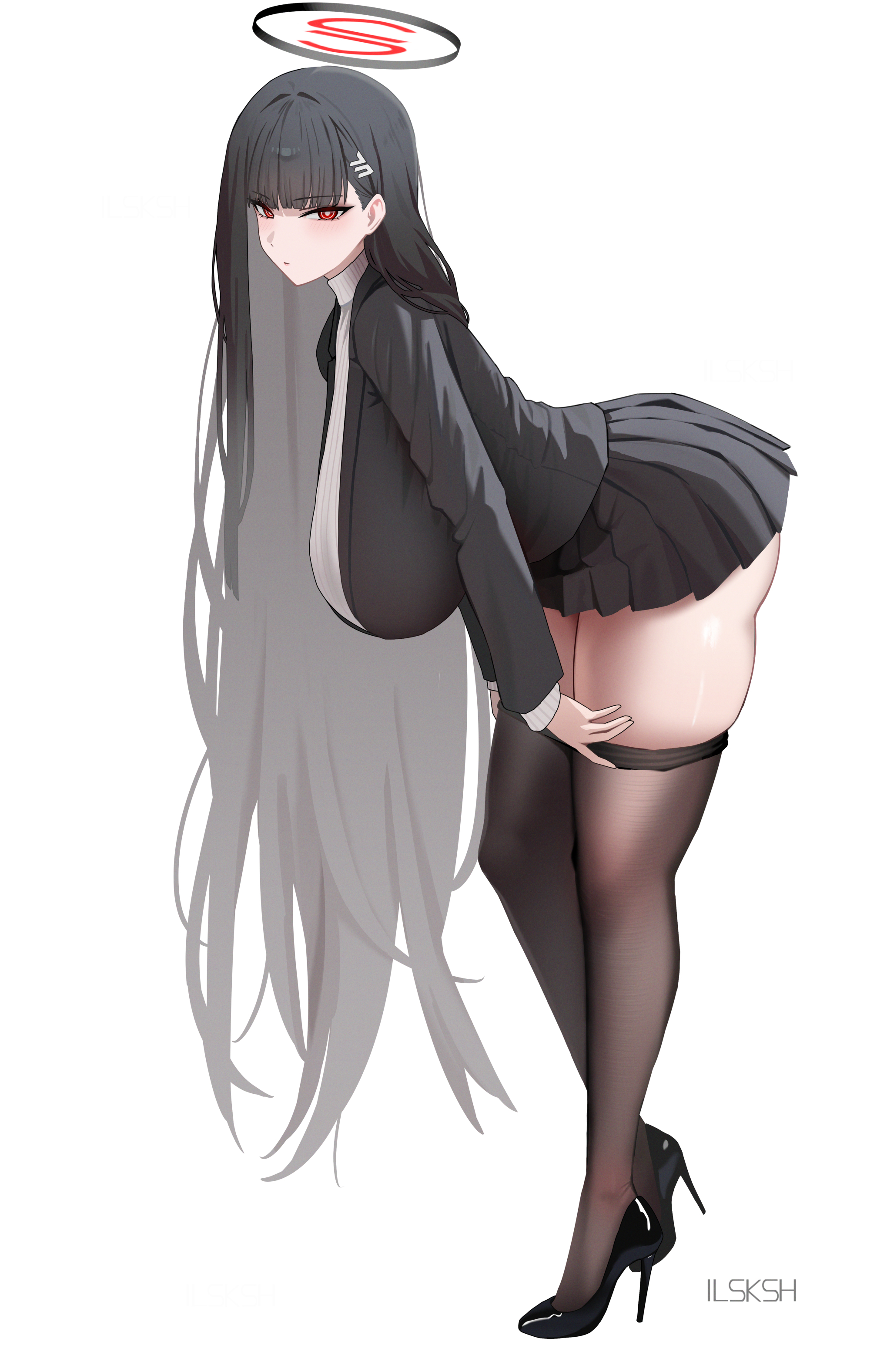 bent over, big ass, big breasts, black hair, blue archive, breasts, female, halo, hanging breasts, high heels, huge ass, huge breasts, miniskirt, rio (blue archive), sagging breasts, short skirt, stockings, thick thighs, thigh squish, thighs
