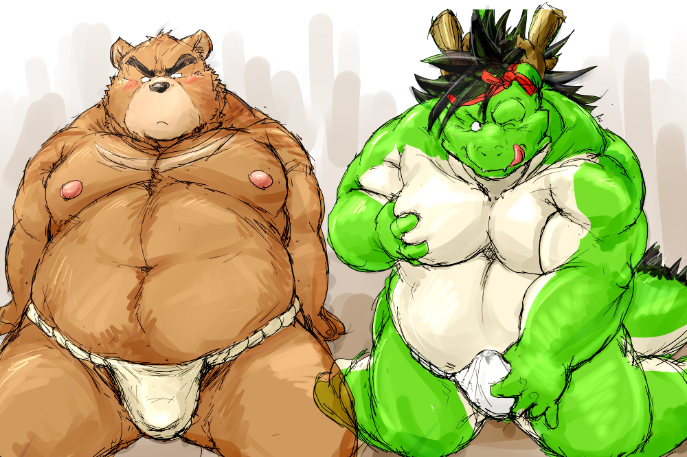 2015 barazoku bear blush bulge clothed clothing cum_through_clothing dragon duo erection fundoshi grizzly_bear grope japanese_clothing juuichi_mikazuki kemono kneeling kotobuki male mammal morenatsu muscular obese one_eye_closed overweight partially_clothed simple_background sitting tatsuki_(morenatsu) underwear wink