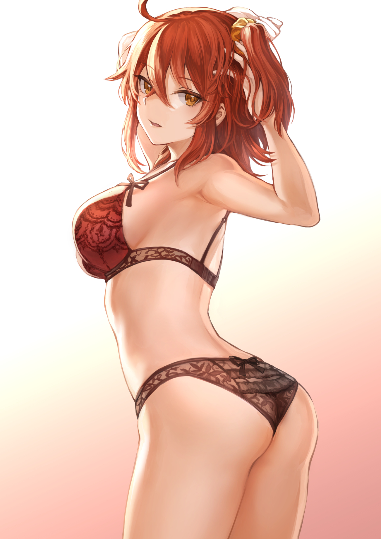 ass, bra, breasts, brown eyes, cleavage, fate (series), fate/grand order, female, female ass, female only, fujimaru ritsuka (female), lingerie, looking at viewer, looking back, mashu 003, panties, red hair, solo, type-moon, underwear