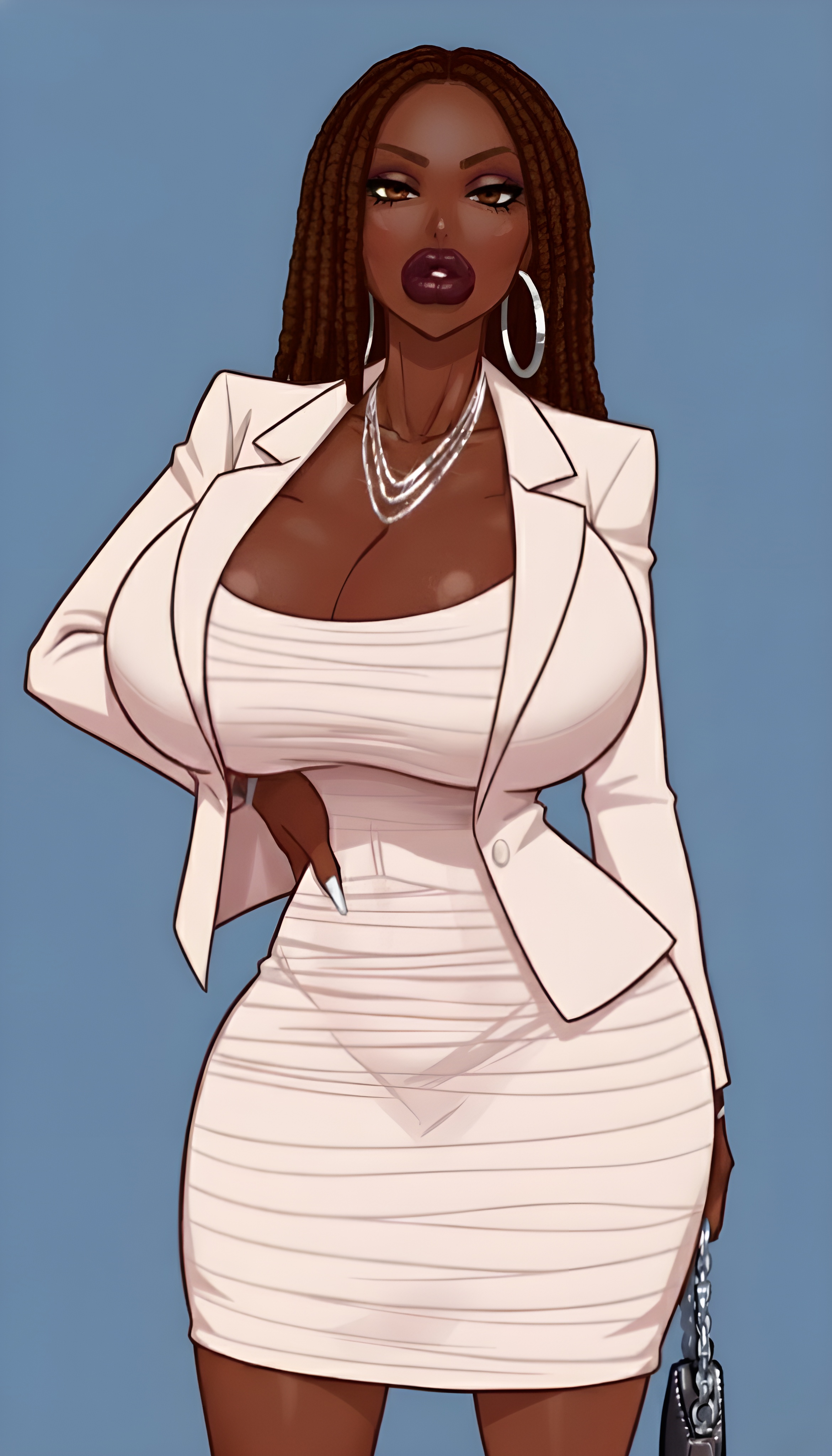 1girls, african female, ai generated, big breasts, bimbo, bimbo lips, black woman, breasts, brown eyes, brown hair, business woman, cleavage, dark skin, dark-skinned female, earrings, female, female only, hand on hip, hoop earrings, hourglass figure, hourglass figured female, huge breasts, lipstick, long hair, long nails, looking at viewer, mature, mature female, mature woman, necklace, original, original character, purse, silver necklace, solo, solo female, thick lips