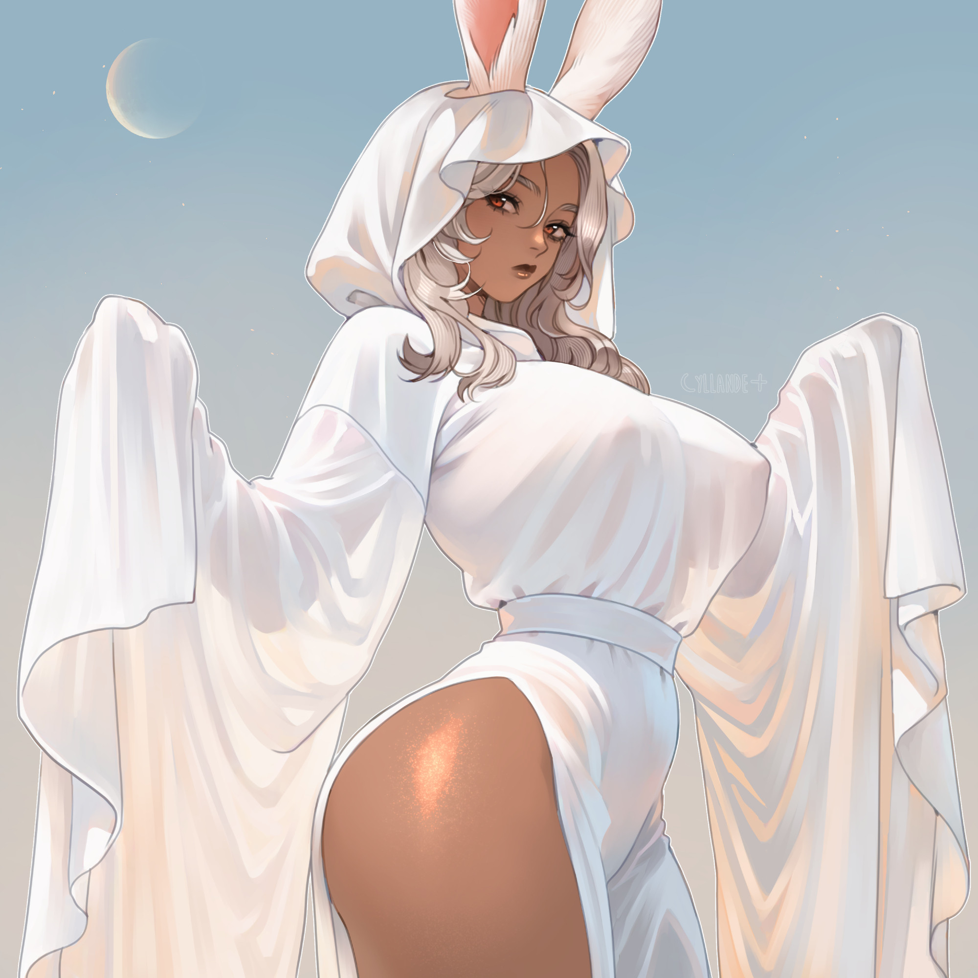 animal ears, dark skin, final fantasy xiv, nipples visible through clothing, red eyes, sheets, thick thighs, viera, white hair, yiiande