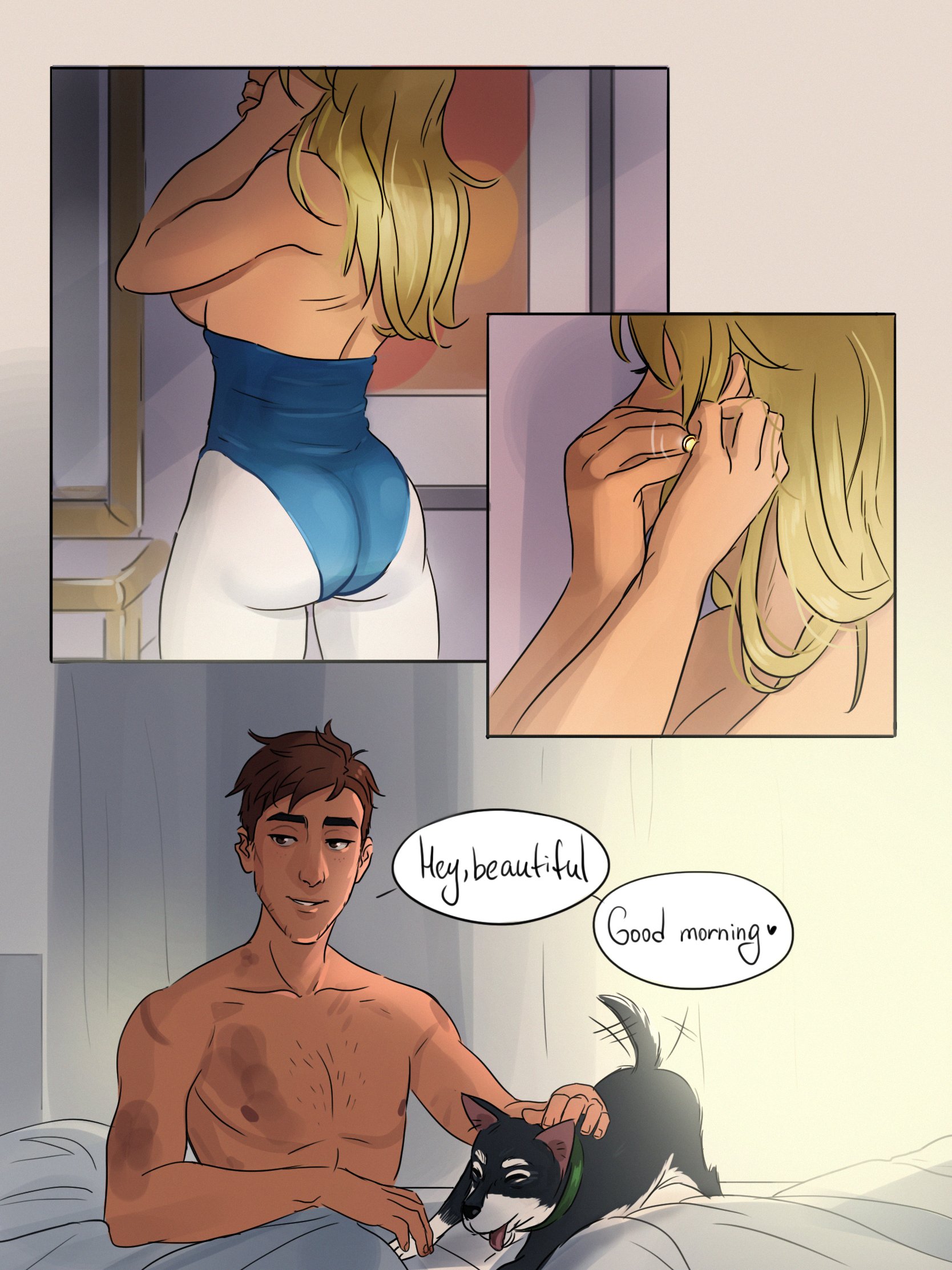 3koma, after sex, bare back, bed, beef (dispatch), blonde, blonde blazer, blonde female, blonde hair, blonde hair female, blonde-haired female, brown hair, comic page, curvaceous, curvaceous body, curves, curvy, curvy body, curvy female, curvy figure, darina (artist), dialogue, dispatch (game), dressing, earrings, fatass dog, getting dressed, heroine, hourglass figure, in bed, morning after, naked male, robert robertson, scars, speech bubble, superhero, superheroine, voluptuous, voluptuous female, wholesome