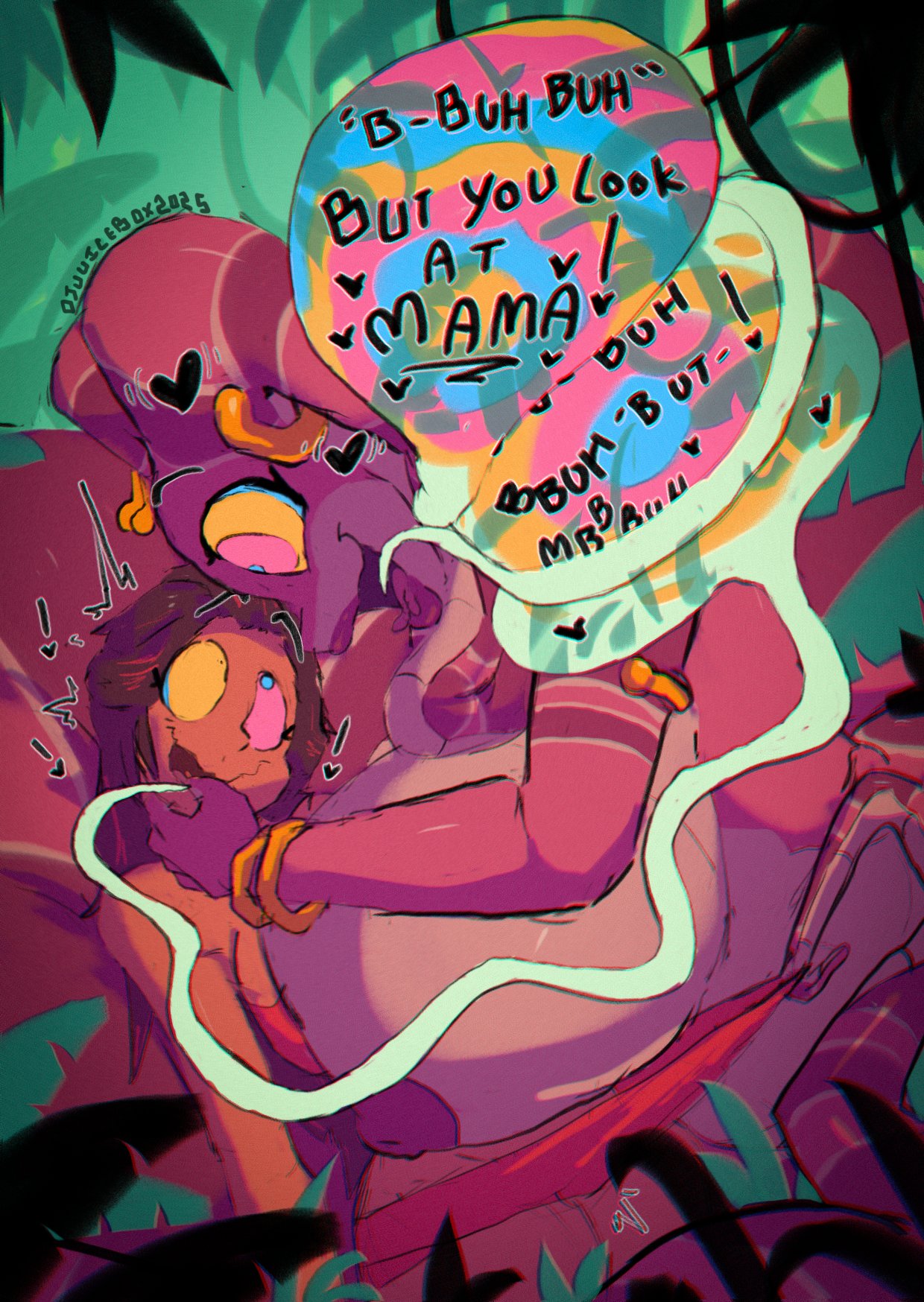 2girls, anthro, areolae, breasts, brown hair, dialogue, djuuicebox, english text, eye contact, female, female only, female/female, heart, hi res, huge breasts, human, hyper breasts, hypnosis, kaa eyes, lamia, naga, nipples, open mouth, size difference, smile, snake, speech bubble, tama (djuuicebox), wide hips