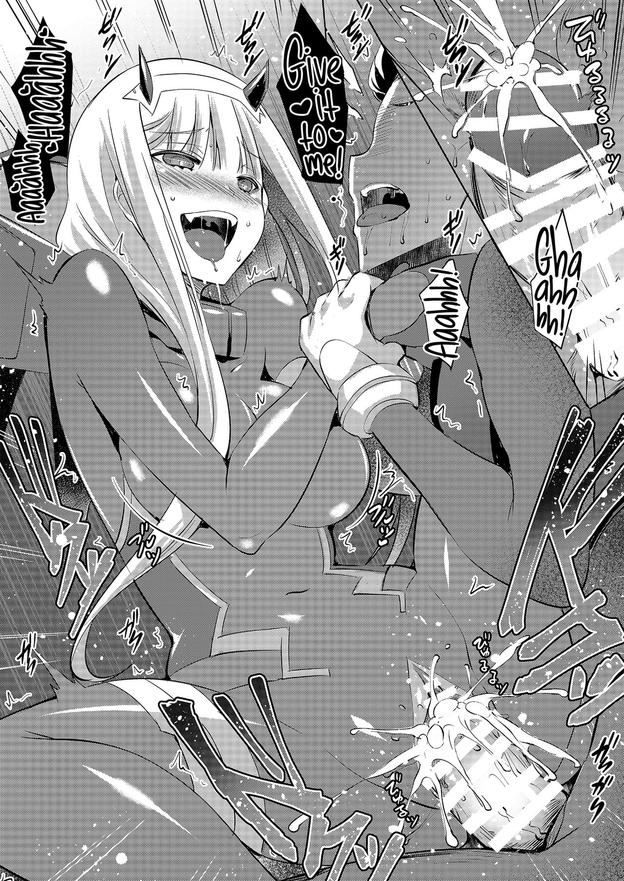 bodysuit, censored, cum, cum in pussy, darling in the franxx, dialogue, english text, female, femdom, human, long hair, male, mitsuru (darling in the franxx), monochrome, pussy, sex, straight, strangling, text, vaginal penetration, zero two (darling in the franxx)