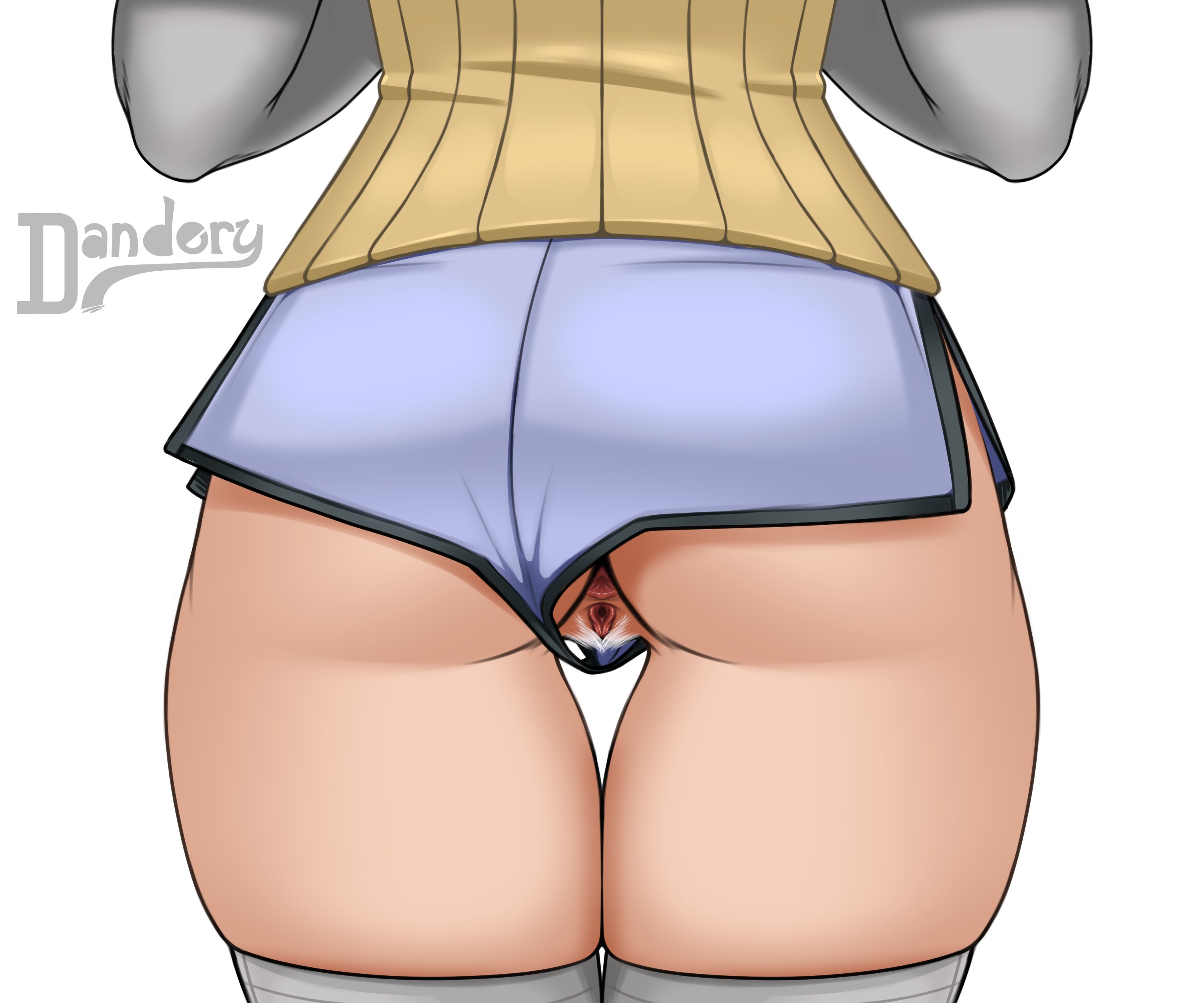 1girls, 2d, artist signature, ass, ass focus, ass only, ayase seiko, dandadan, dandery, dolphin shorts, exposed, exposed pussy, female, female focus, female only, gilf, human, human female, lower body, no panties, pubic hair, pussy, shorts, solo, solo female, solo focus