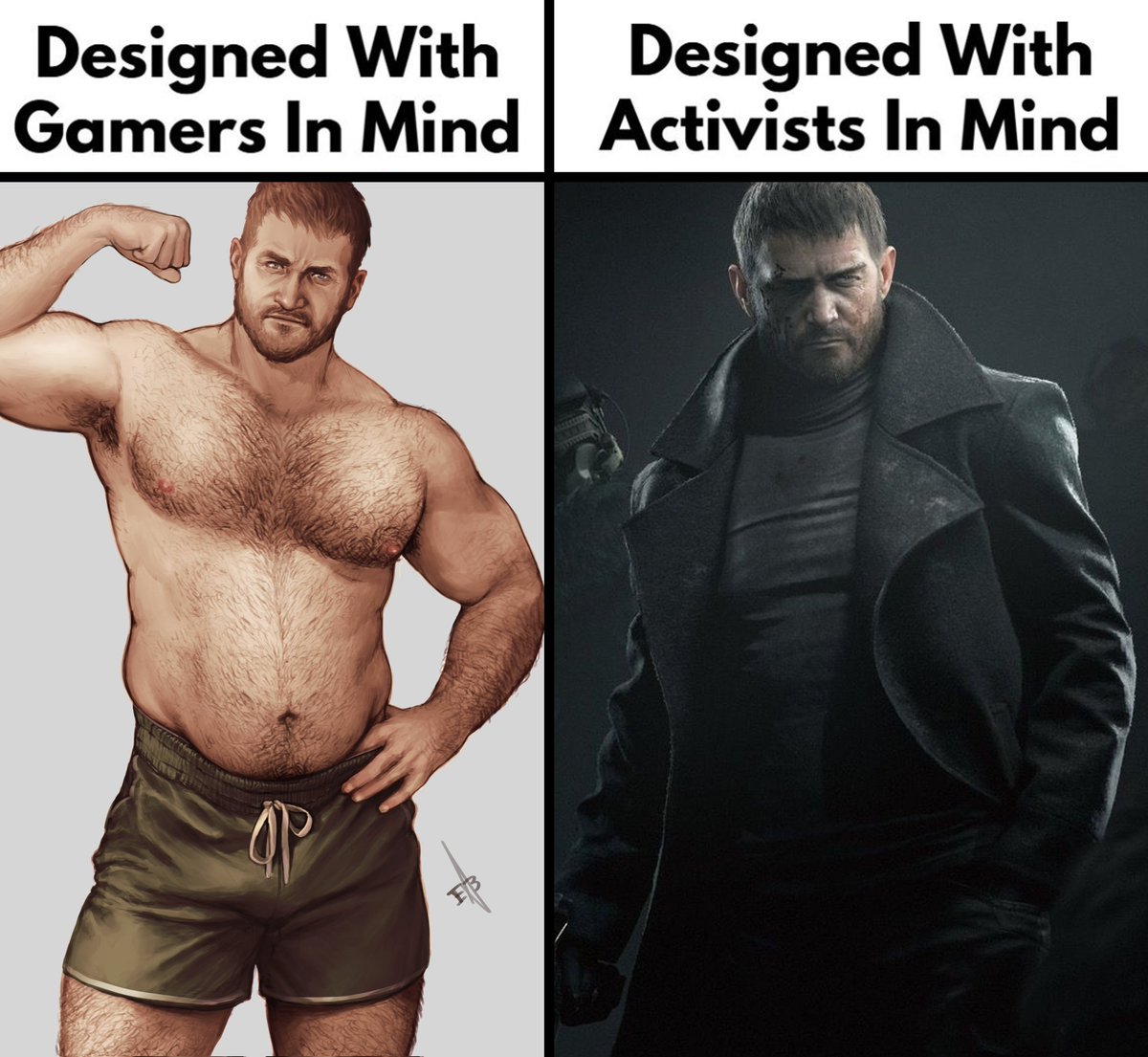 bara, beard, bulge, chris redfield, designed with gamers in mind, ericson blum, flexing bicep, male, male only, meme, meme reference, resident evil, yaoi