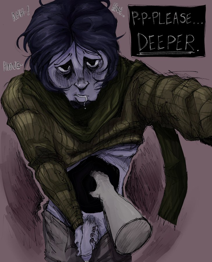 1boy, 1other, ambiguous gender, blue body, blue hair, blue skin, blush, coat guy (no, i'm not a human), disembodied hand, drooling, english text, erection, looking at viewer, looking up, male, male focus, male only, male/male, masturbation, no, i'm not a human, non-human, penis, penis out, scarf, skinny, solo focus, sweater, twistedlop, uncensored, uncommon stimulation, unusual anatomy, weird