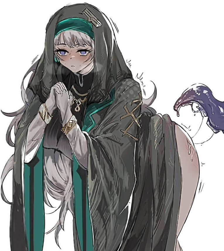 1girls, arknights, blank background, blue eyes, blushing, clasped hands, collaboration works, elephant green screen effect, elf ears, exaggerated curves that she doesn't have but i'm not complaining!, expensive, female, frisky little bastard, gloved hands, grey clothing, hips, limbus company, mayors, nun outfit, priestess, project moon, seaborn (arknights), sheesh, tentacle, tentacle sex, very long hair, white hair