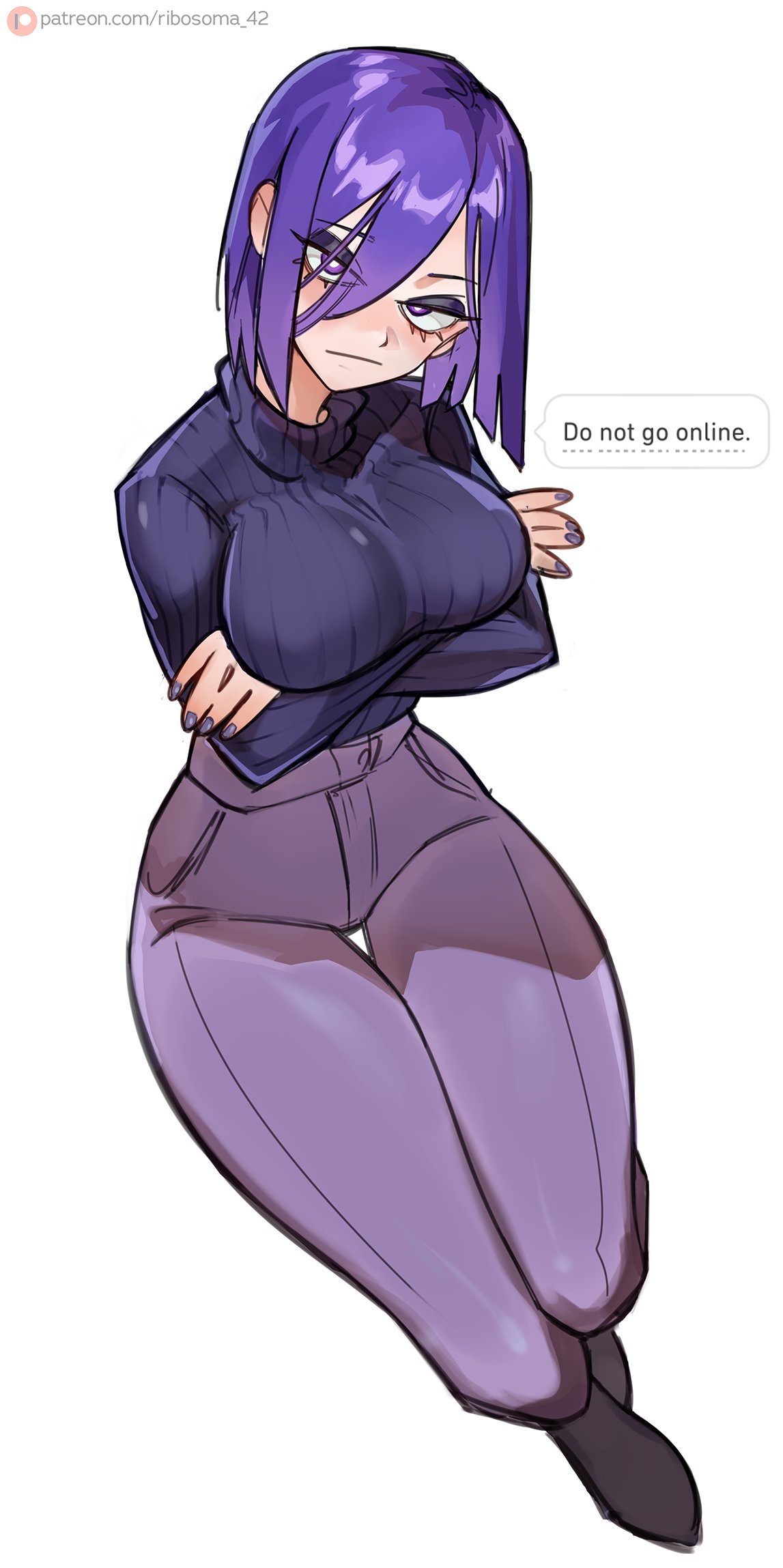 1girls, arms under breasts, big breasts, blush, breasts, bright pupils, closed mouth, covered groin, crossed arms, duolingo, english text, expressionless, eyeshadow, female, female only, full body, hair over one eye, half-closed eyes, head tilt, high-waist pants, highres, large breasts, lily (duolingo), long sleeves, looking at viewer, makeup, medium hair, nail polish, pants, patreon logo, patreon username, pocket, purple eyes, purple eyeshadow, purple footwear, purple hair, purple nails, purple pants, purple sweater, ribosoma 42, simple background, solo, speech bubble, standing, sweater, sweater tucked in, thick thighs, thigh gap, thighs, tight clothes, turtleneck, turtleneck sweater, watermark, web address, white background, white pupils, wide hips