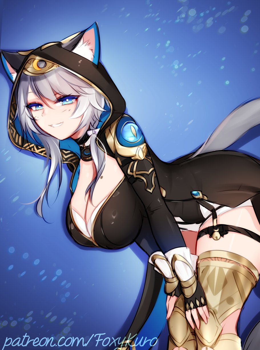 blue eyes, breasts, cat ears, cat girl, catgirl, cipher (honkai: star rail), cleavage, female, foxykuro, honkai (series), honkai: star rail, hoodie, large breasts, silver hair, tail