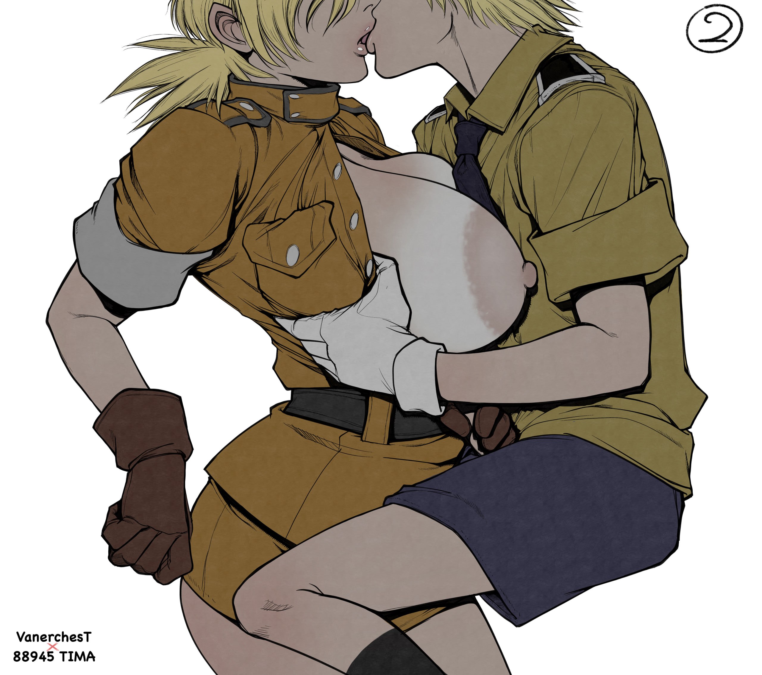 big breasts, blonde female, blonde hair, blonde-haired male, breasts, breasts out, enemies, female, hellsing, kissing, male, no bra, schrodinger, seras victoria, titjob, vanerchest