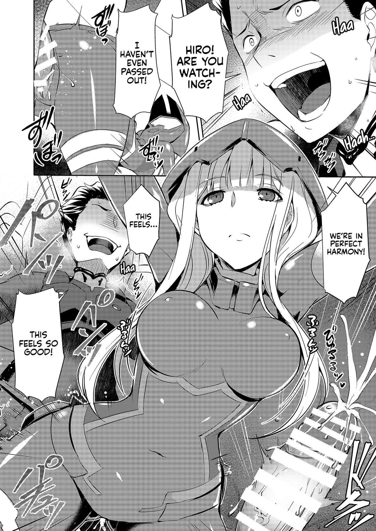 bodysuit, censored, cum, darling in the franxx, dialogue, english text, female, human, long hair, male, mitsuru (darling in the franxx), monochrome, pussy, sex, straight, text, vaginal penetration, zero two (darling in the franxx)