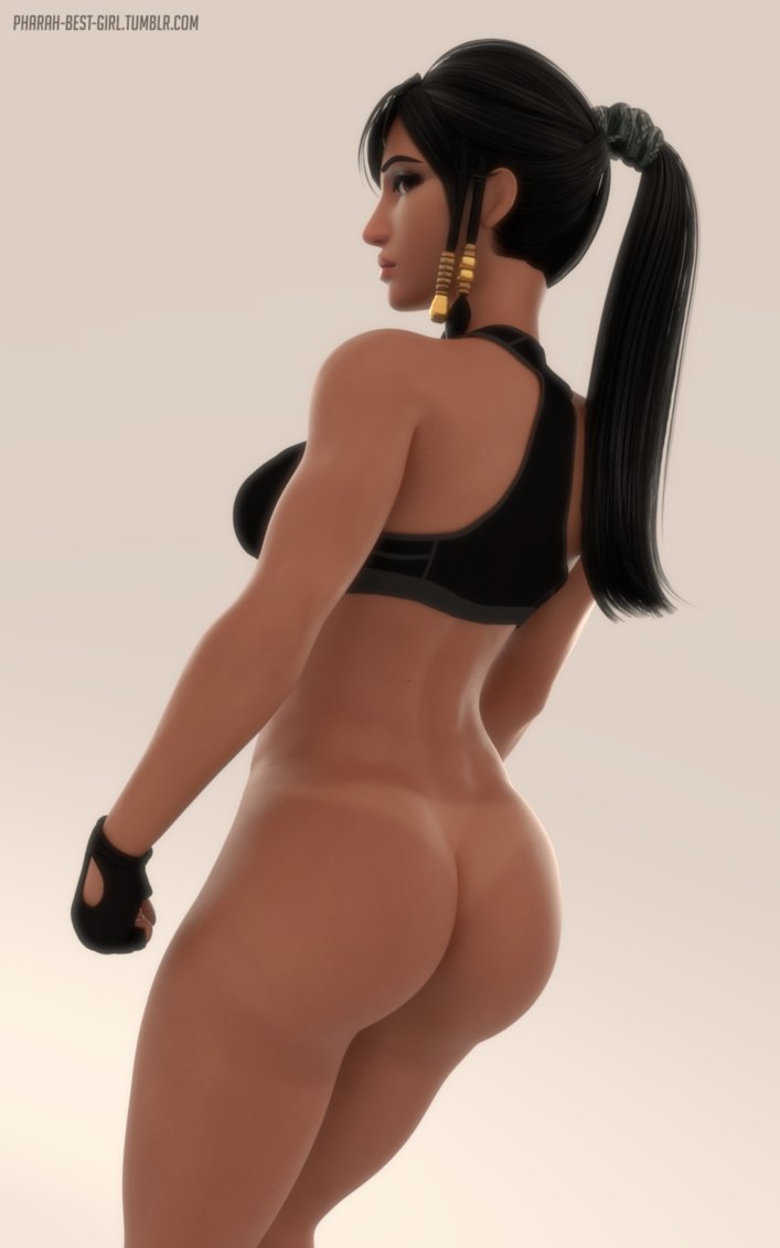 3d, ass, ass crack, back, black hair, bottomless, brown eyes, butt crack, curvy, dark skin, dark-skinned female, egyptian, female, hips, long hair, looking back, overwatch, pharah, pharah-best-girl, ponytail, solo, thick thighs, thighs, tied hair, wide hips