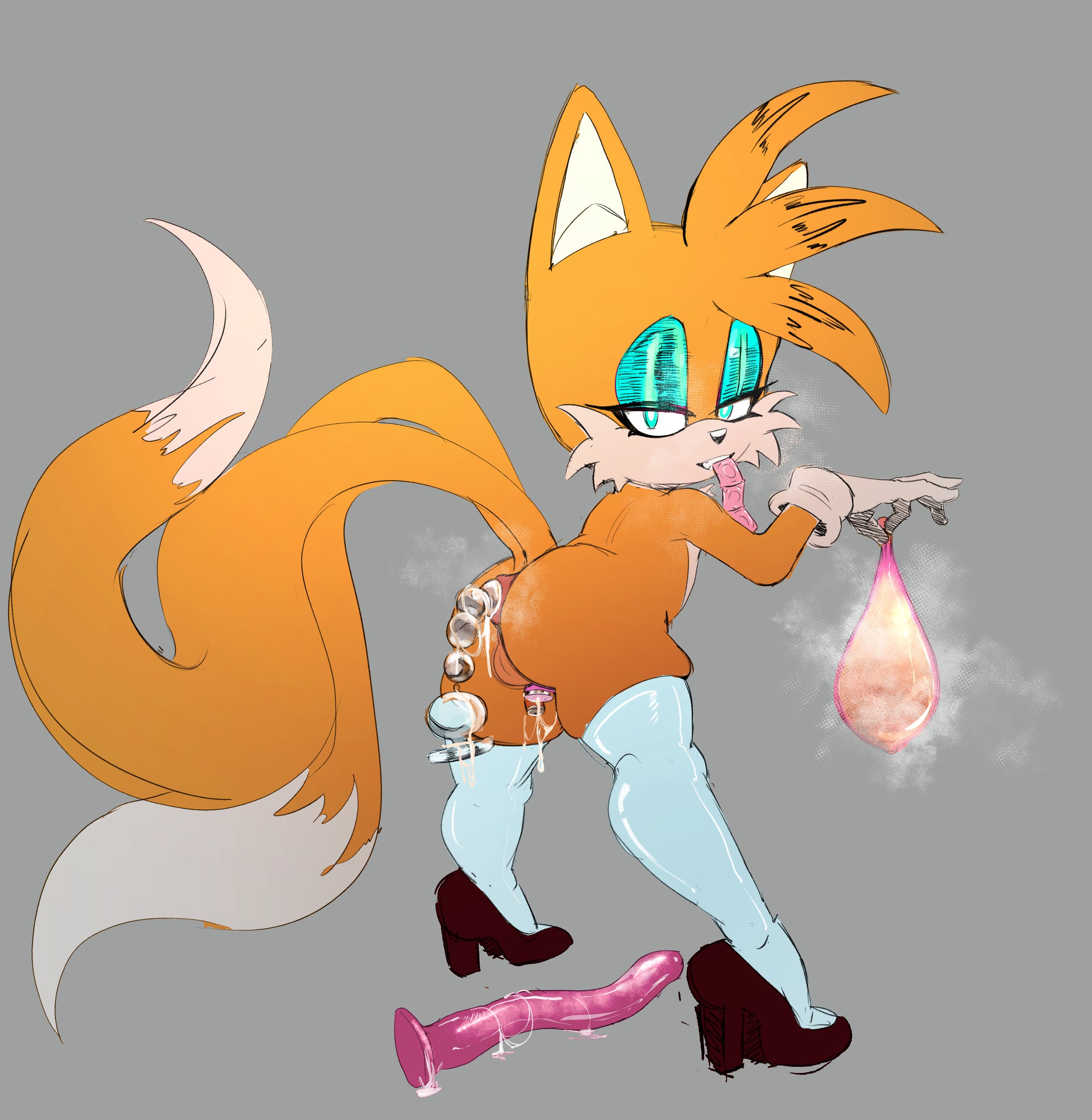 2 tails, alternate version available, anal beads, anal beads in ass, anthro, ass, back view, big ass, blue eyes, blue eyeshadow, bubble butt, canid, canine, chastity cage, chastity device, condom, condom balloon, condom in mouth, condom packet strip, condom wrapper, cum, cum in chastity, femboy, feminine tails, filled condom, flat chastity cage, fox, fox ears, fox tail, grey background, hi res, high heels, highres, long dildo, looking at viewer, looking back, male, mobian, mobian (species), mostly nude, mostly nude anthro, mostly nude male, orange fur, puffy anus, rear view, sega, sex toy, silencioarthub, solo, solo anthro, solo femboy, solo male, sonic (series), sonic the hedgehog (series), stockings, tails, tails the fox, thigh squish, thighhighs, twintails