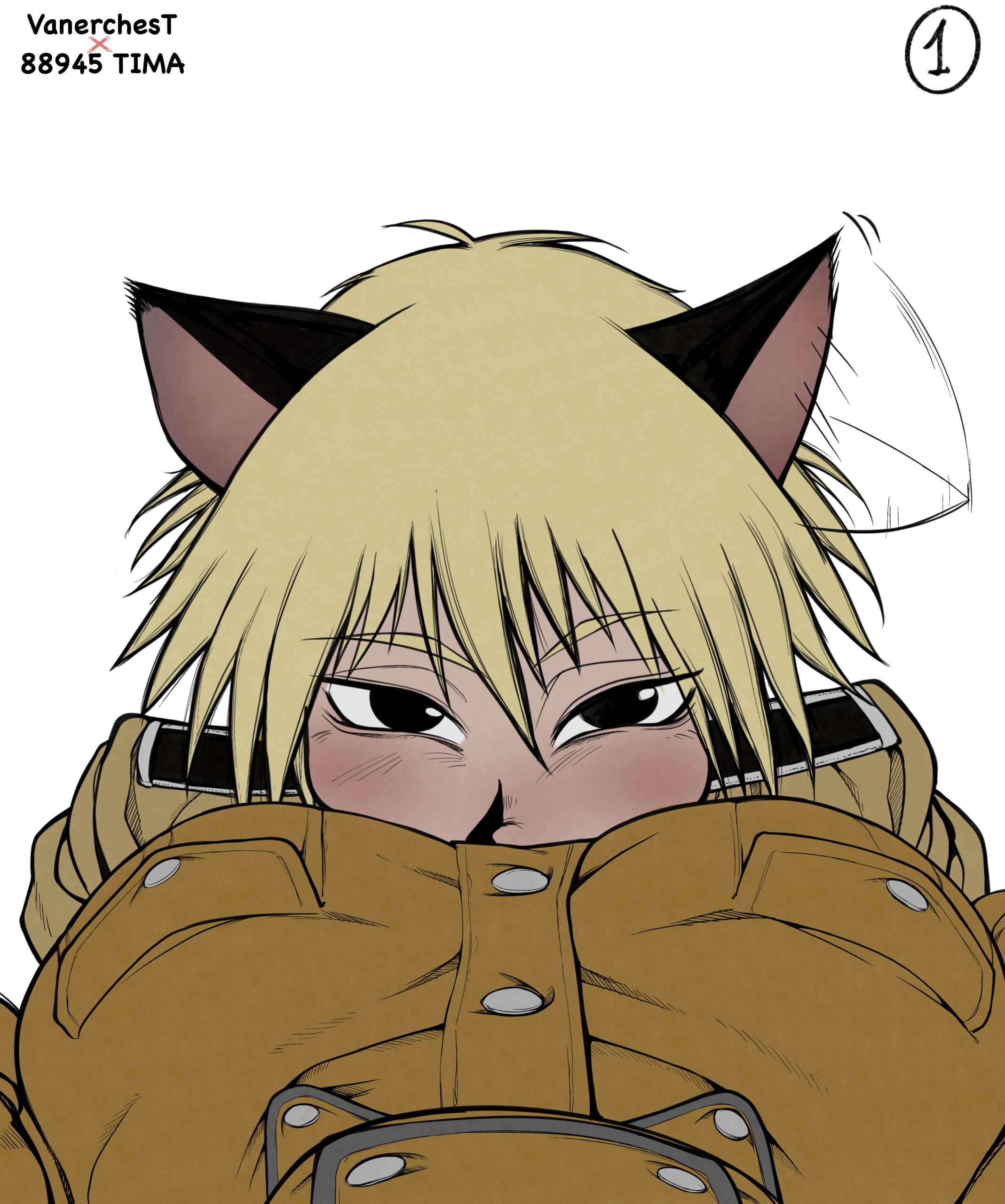 bedroom eyes, blonde, blonde hair, blonde-haired male, breasts, catboy, face between breasts, female, female pov, hellsing, looking at viewer, male, naughty face, pov, pov eye contact, pov female, schrodinger, seras victoria, uniform, vanerchest