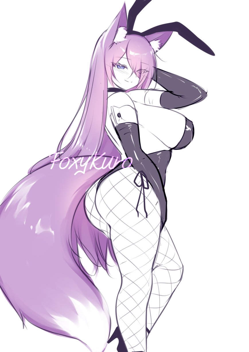 ass, blue eyes, breasts, bunny ears, bunnysuit, female, fishnets, fox ears, fox girl, foxykuro, hair over one eye, high heels, kuro (foxykuro), large breasts, purple hair, tail