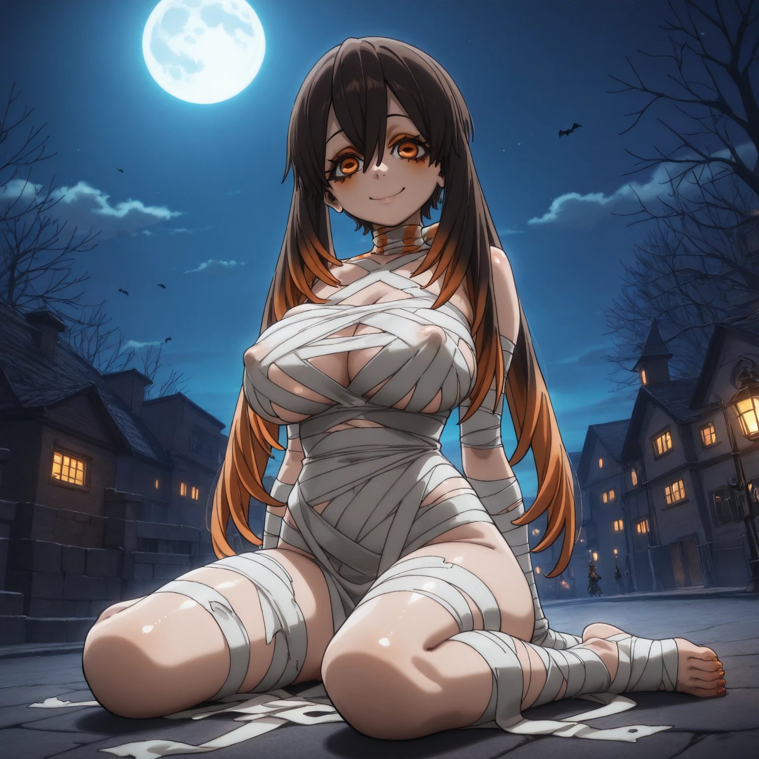 ai generated, amo empool, bandage, big ass, big breasts, breasts, female, gachiakuta, halloween, kneeling, looking at viewer, mummy, mummy costume, mummy girl, nude