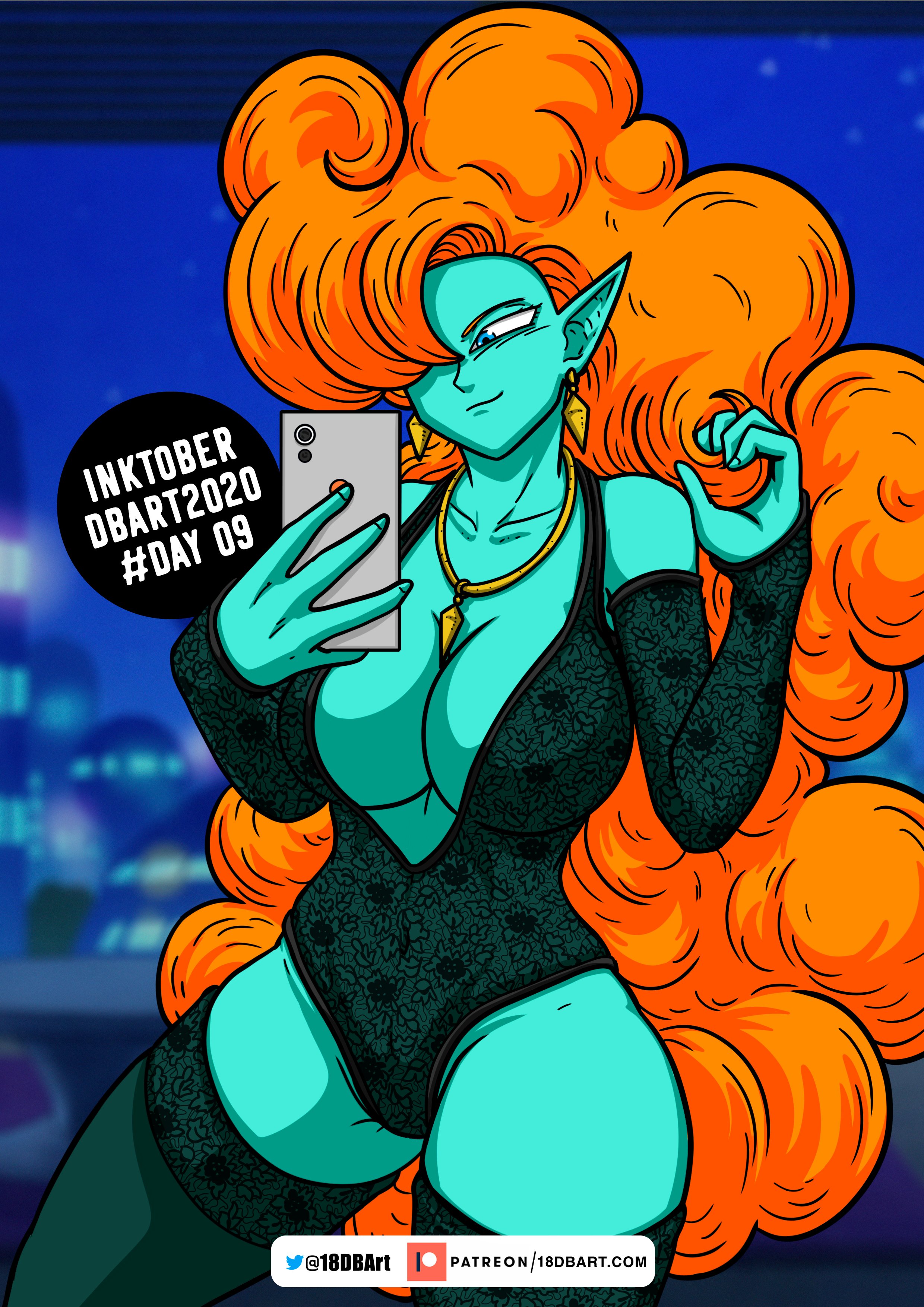 1girls, 2020, big breasts, blue eyes, blue skin, breasts, cleavage, dbart+18, dragon ball, dragon ball z, earrings, female, female only, holding, holding object, holding phone, huge breasts, large breasts, lingerie, long hair, night, orange hair, phone, selfie, smile, zangya