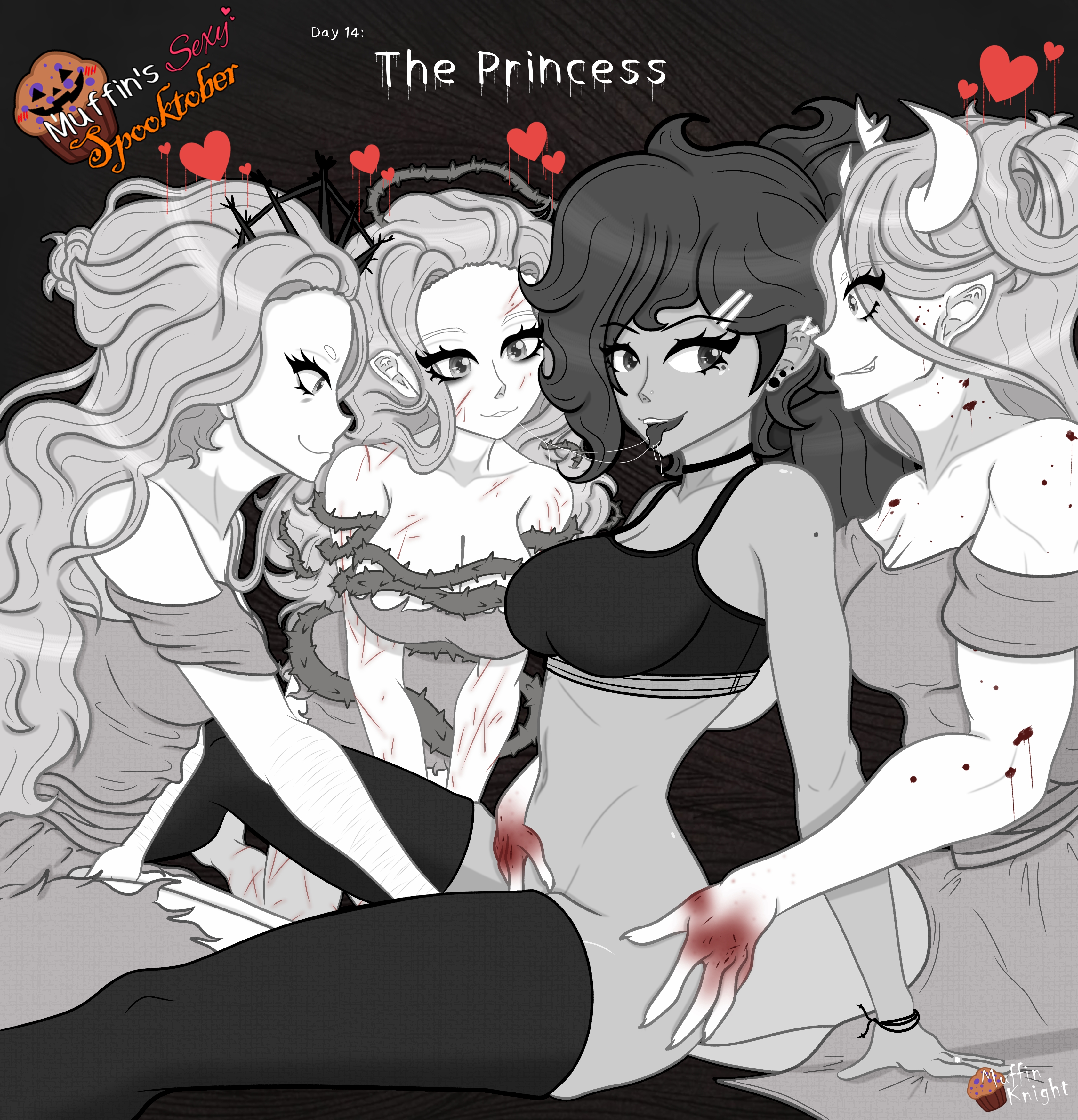 4girls, after kiss, black and white, blood, blood splatter, blood stain, choker, crown, dark hair, dress, female, fingering, fingering partner, grayscale, groping, groping from behind, halloween, halloween 2025, hand on ass, heart, horns, imminent sex, lesbian sex, light hair, long hair, mole, mole under eye, monochrome, monochrome characters, muffin (muffinknight), muffinknight, muscular, muscular female, no panties, ponytail, saliva, saliva string, saliva trail, shoulderless dress, slay the princess, spooktober, sports bra, sports bra only, tan, the adversary (slay the princess), the thorn (slay the princess), the witch (slay the princess), thighhighs, thorns, tiara, vines, yuri