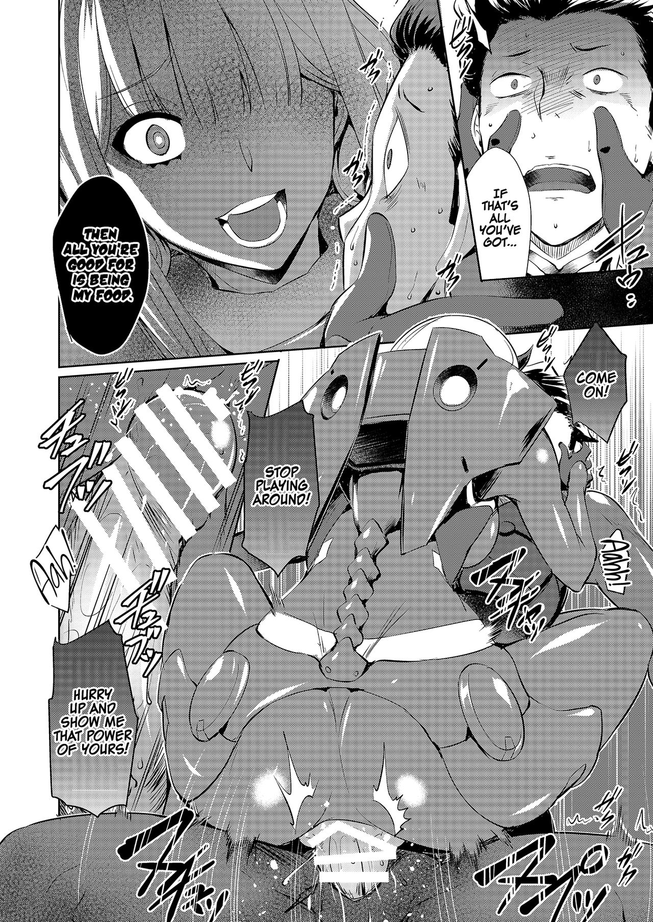 bodysuit, censored, crazy eyes, darling in the franxx, dialogue, english text, female, femdom, human, long hair, male, mitsuru (darling in the franxx), monochrome, pussy, sex, straight, text, vaginal penetration, zero two (darling in the franxx)