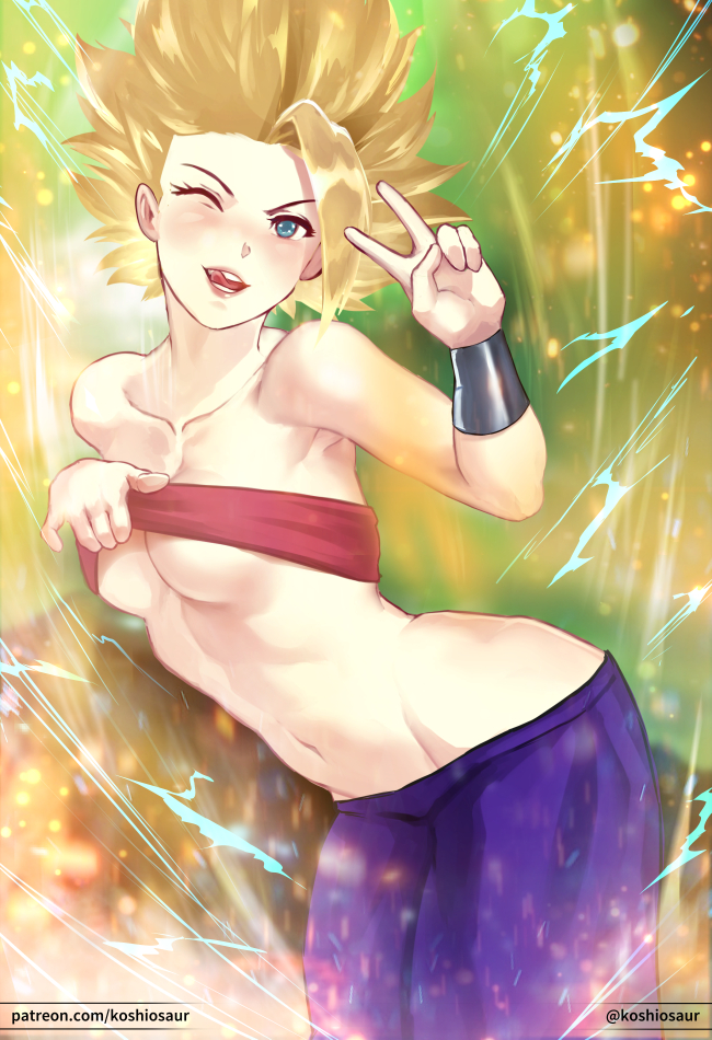 1girls aura blonde_hair breasts caulifla cleavage dragon_ball dragon_ball_super electricity female female_only green_eyes koshio light-skinned_female light_skin looking_at_viewer saiyan short_hair solo spiky_hair super_saiyan super_saiyan_2 v