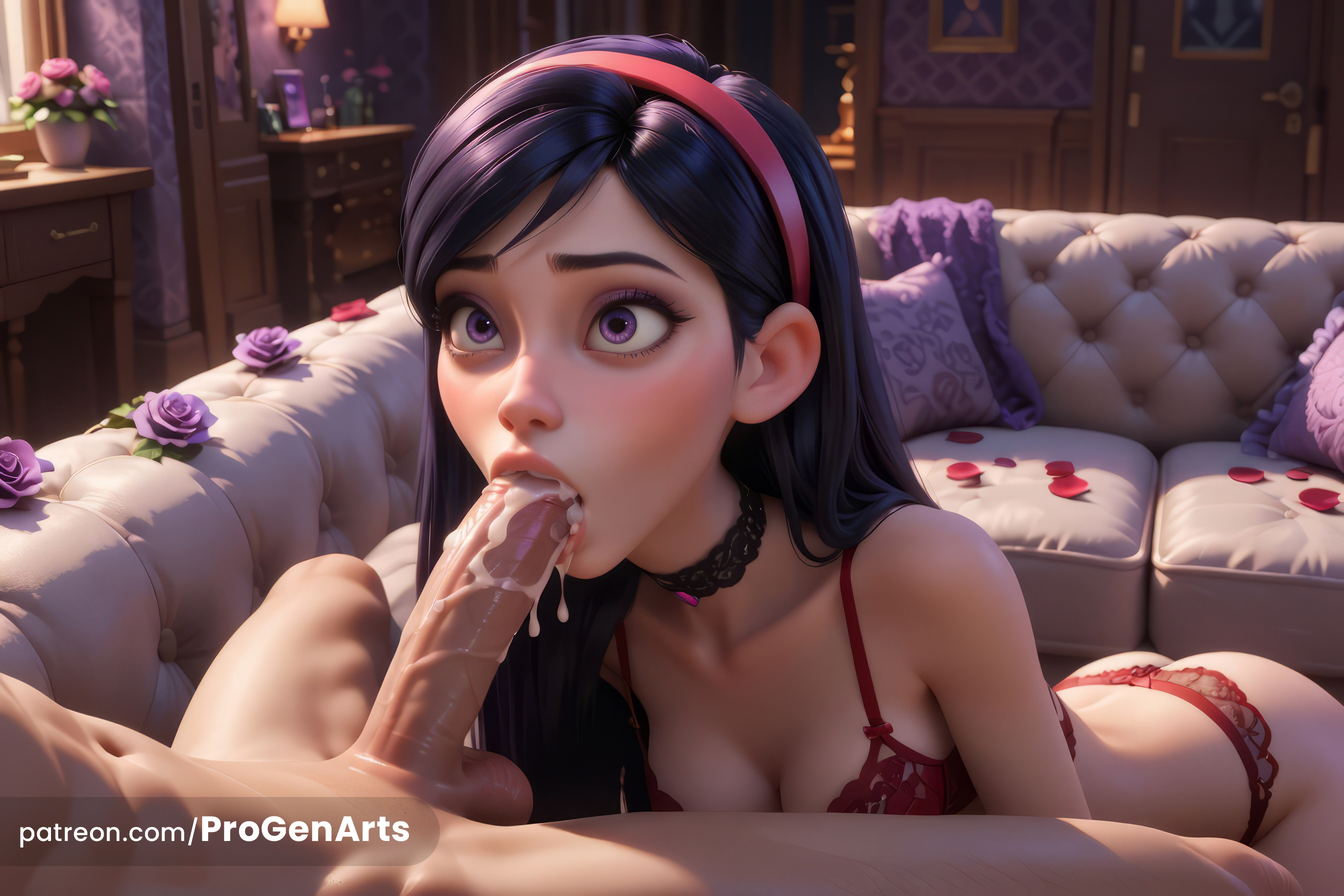 1boy, 1boy1girl, 1girls, ai generated, ass, balls, black choker, black hair, blowjob, bra, breasts, choker, cleavage, couch, cum, cum in mouth, disney, erection, fellatio, female, flower, hairband, hi res, indoors, lamp, lingerie, lips, long hair, makeup, male, mascara, medium breasts, nose, oral, panties, patreon username, penis, petals, pillow, pixar, progenarts, purple eyes, realistic, red bra, red hairband, red panties, runny makeup, solo focus, straight, superhero, superheroine, testicles, the incredibles, the incredibles 2, uncensored, underwear, underwear only, vase, veins, veiny penis, violet parr, wide-eyed, younger female