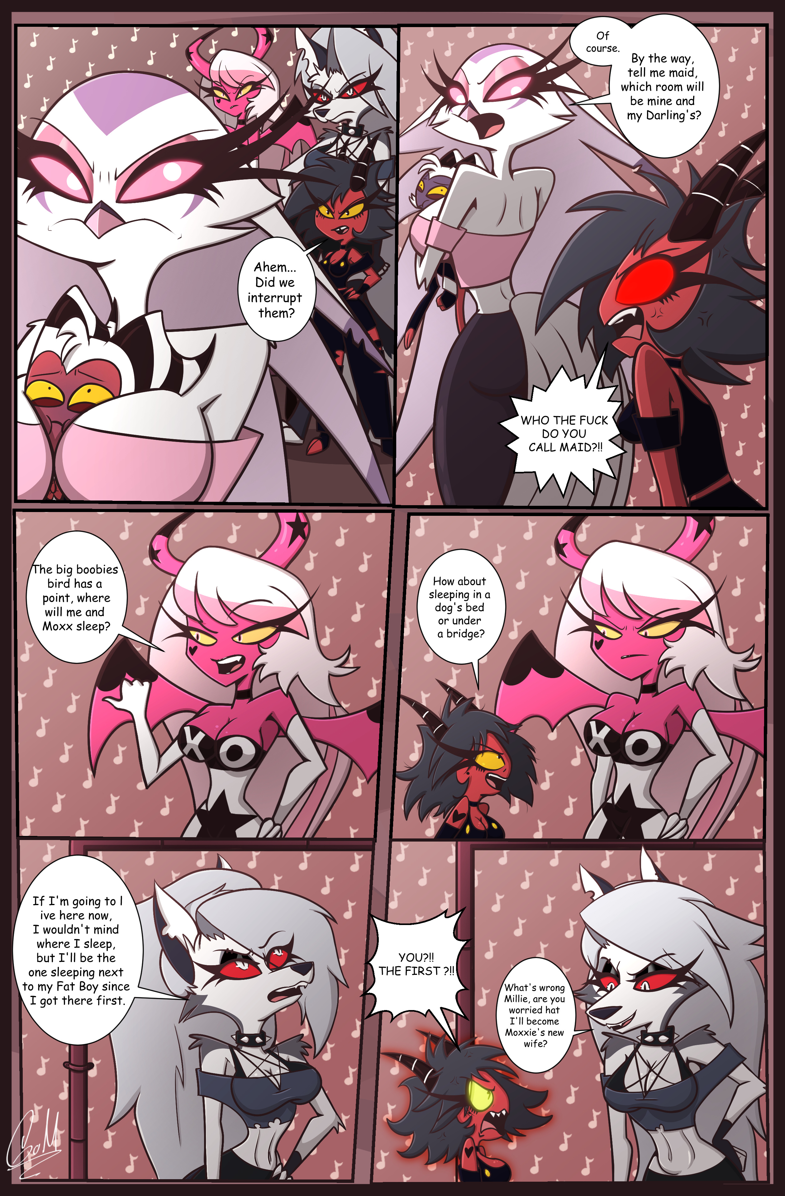 angry expression, angry face, anthro, arguing, breast smother, breasts, choking, comic, comic page, english text, female, furry, gatojack3, giant breasts, harem, helluva boss, loona (helluva boss), millie (helluva boss), moxxie (helluva boss), red eyes, stella (helluva boss), stuck in breasts, verosika mayday (helluva boss)