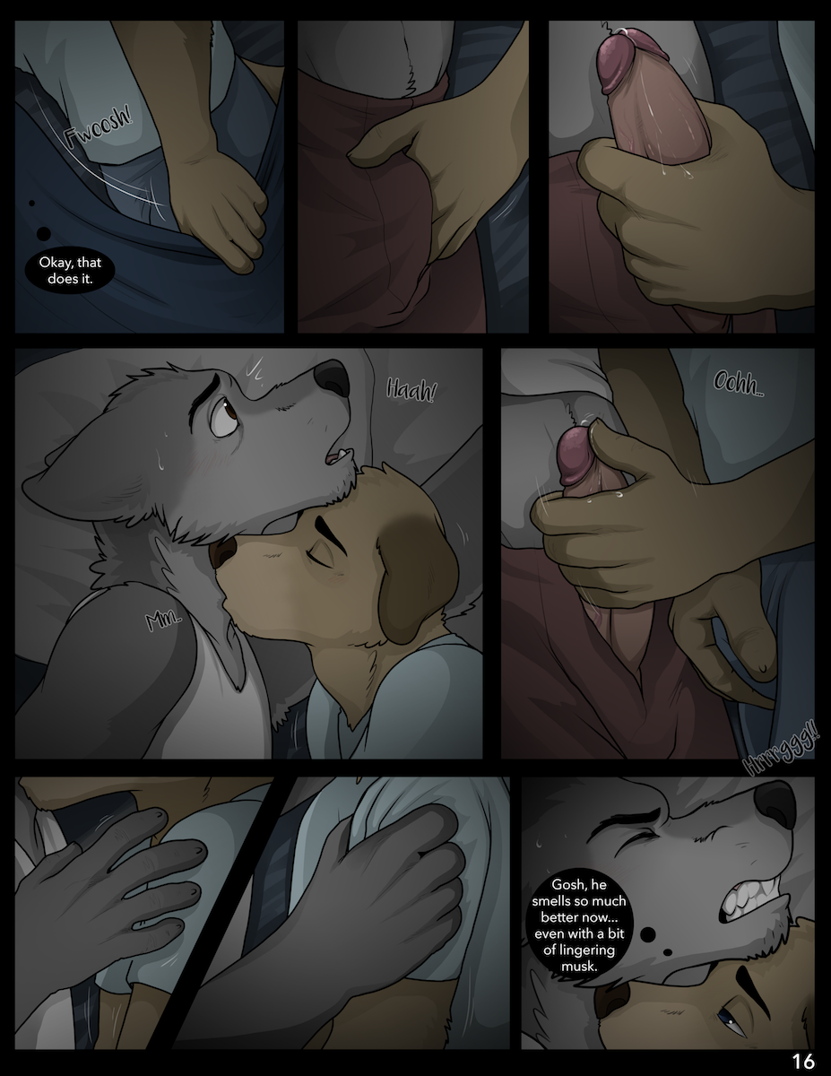 2018 5_fingers andrew_oleander anthro anthro_on_anthro bed bedding black_nose blanket blue_eyes blush brown_eyes brown_fur bulge canine closed_eyes clothed clothing comic cooper_estevez detailed_background dialogue duo english_text fur golden_retriever grey_fur grope hand_on_penis humanoid_penis jackaloo lying male mammal on_bed on_side open_mouth page_16 pants penis penis_grab penis_outline pillow precum shirt speech_bubble tan_fur text thought_bubble underwear wolf yaoi