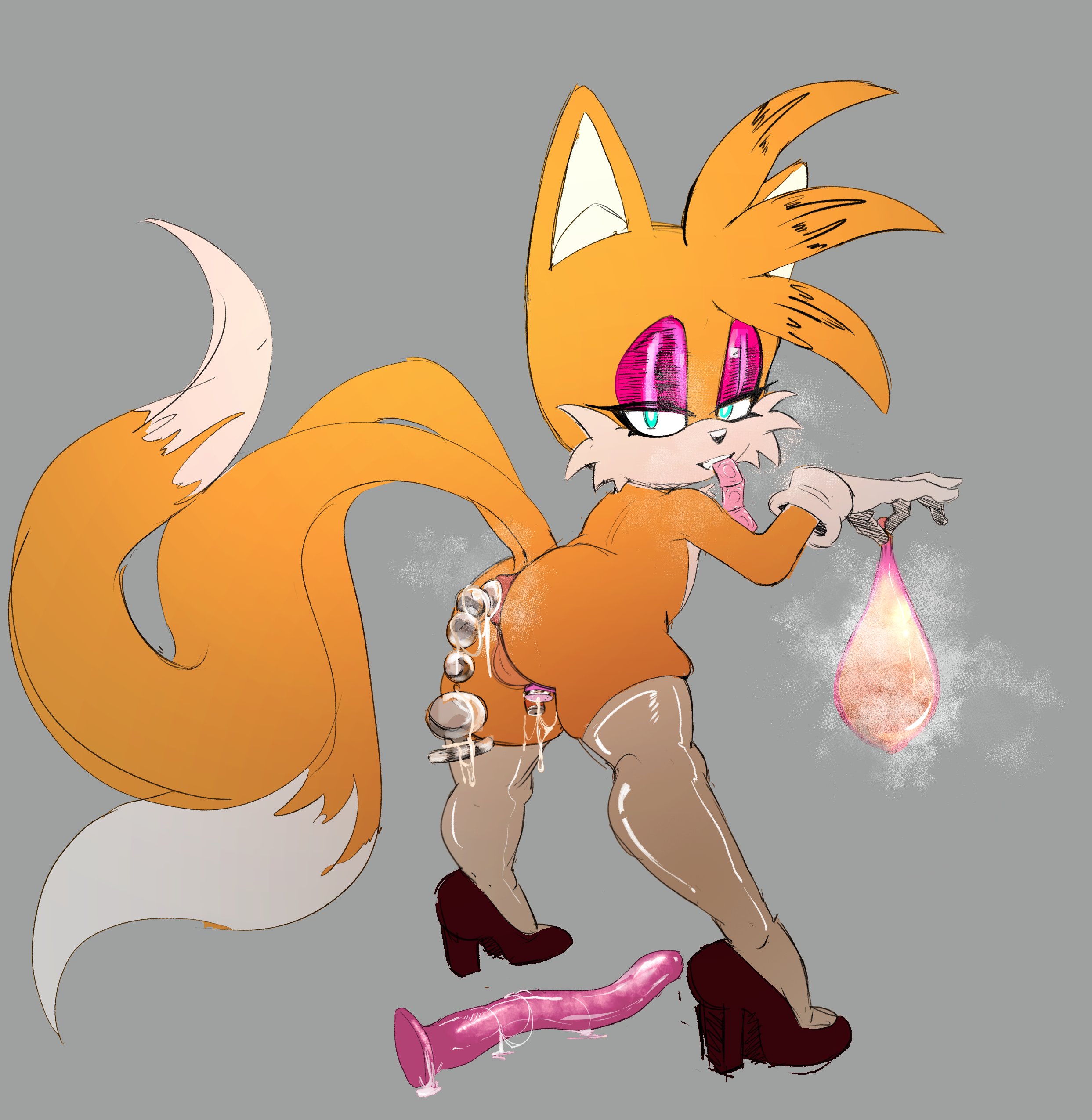 2 tails, alternate version available, anal beads, anal beads in ass, anthro, ass, back view, big ass, blue eyes, bubble butt, canid, canine, chastity cage, chastity device, condom, condom balloon, condom in mouth, condom packet strip, condom wrapper, cum, cum in chastity, femboy, filled condom, flat chastity cage, fox, fox ears, fox tail, grey background, hi res, high heels, highres, long dildo, looking at viewer, looking back, male, mobian, mobian (species), mostly nude, mostly nude anthro, mostly nude male, orange fur, pink eyeshadow, puffy anus, rear view, sega, sex toy, silencioarthub, solo, solo anthro, solo femboy, solo male, sonic (series), sonic the hedgehog (series), stockings, tails, tails the fox, thigh squish, thighhighs, twintails