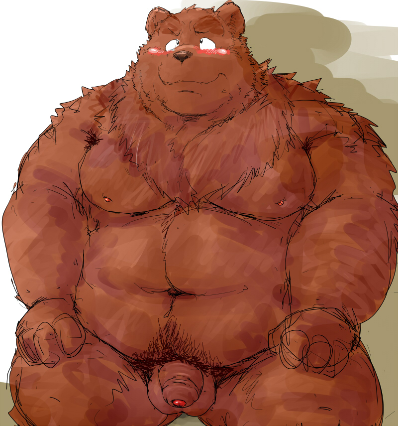 2015 barazoku bear blush facing_viewer flaccid grizzly_bear half_portrait humanoid_penis kemono kotobuki male mammal muscular obese overweight penis simple_background sitting solo white_background