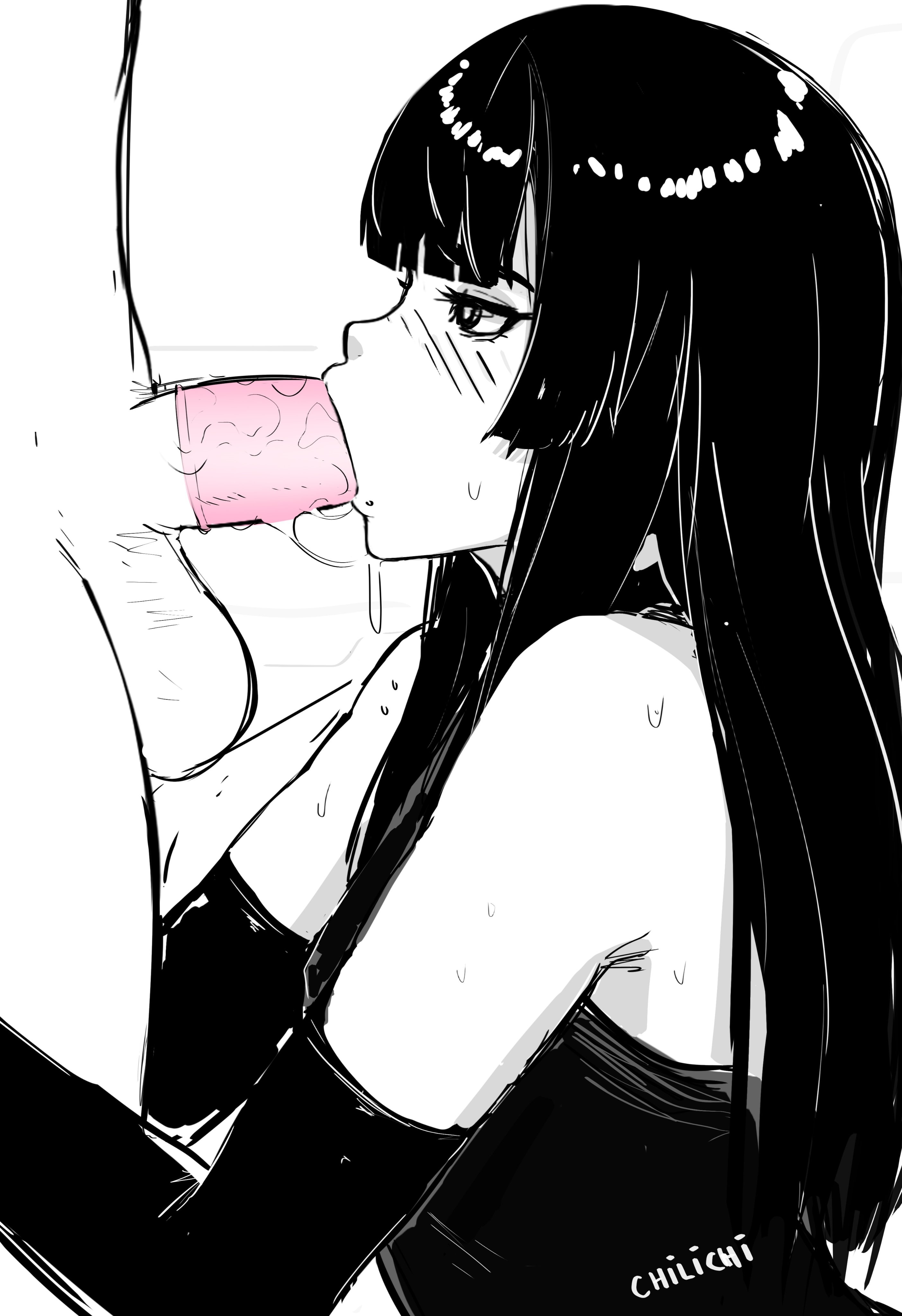 2boys, armpit crease, balls, black hair, blowjob, blush, bottomless, chilichi, clothing, condom, condom on penis, elbow gloves, fellatio, femboy, gay, gloves, goth, goth boy, hime cut, long hair, looking at another, looking at partner, male, male only, original, original character, otoko no ko, penis, shirt, side view, sleeveless, sleeveless shirt, sweat, sweatdrop, testicles, trap, yaoi