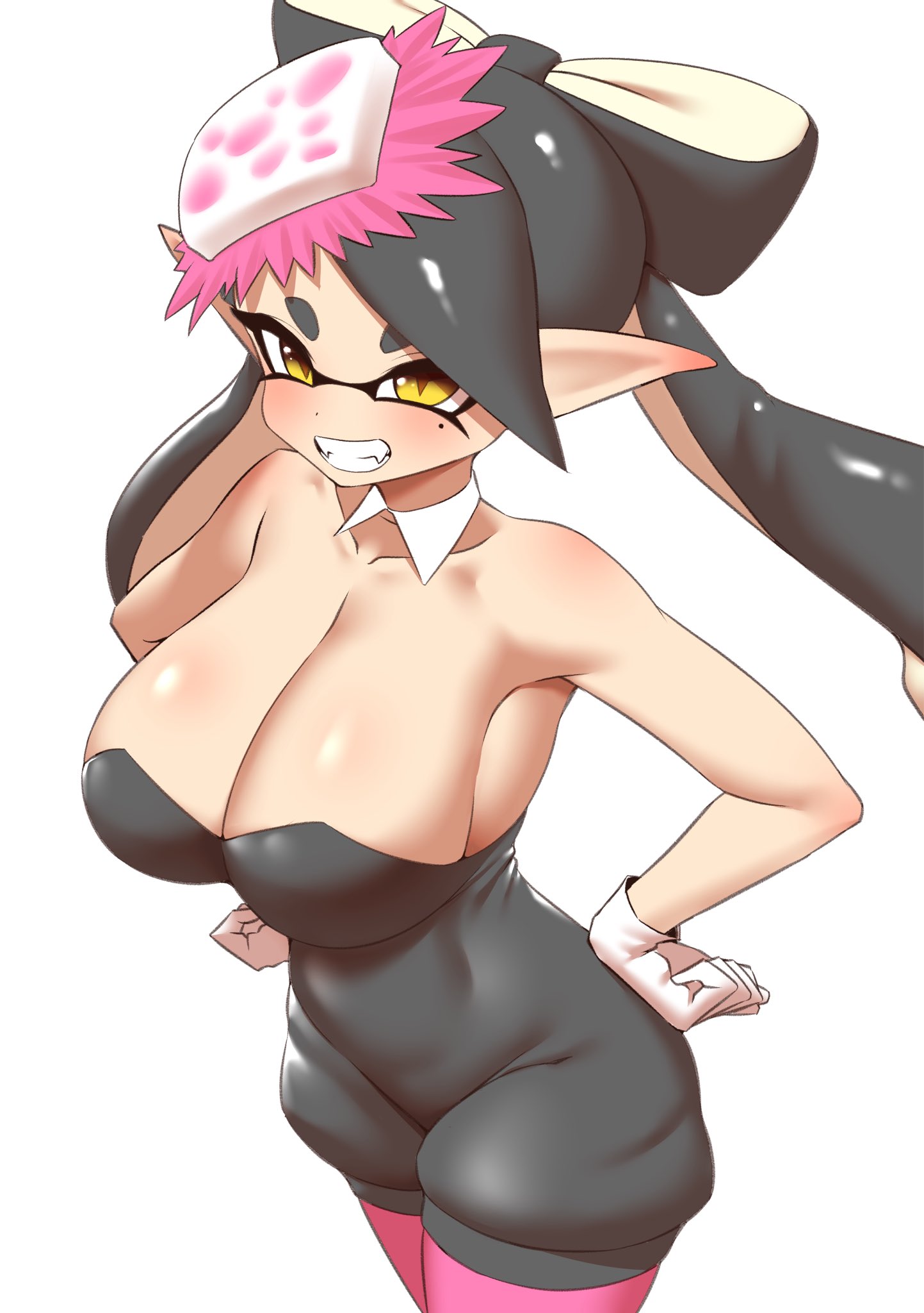 1girls, bare shoulders, big breasts, breasts, callie (splatoon), cleavage, detached collar, female, gloves, hair, hair ornament, hands on hips, long hair, looking at viewer, mole, mole under eye, nintendo, nobunagapero, pantyhose, simple background, smiling, solo, solo female, solo focus, splatoon, splatoon (series), squid sisters, tagme, tentacle hair, white background, white gloves, yellow eyes