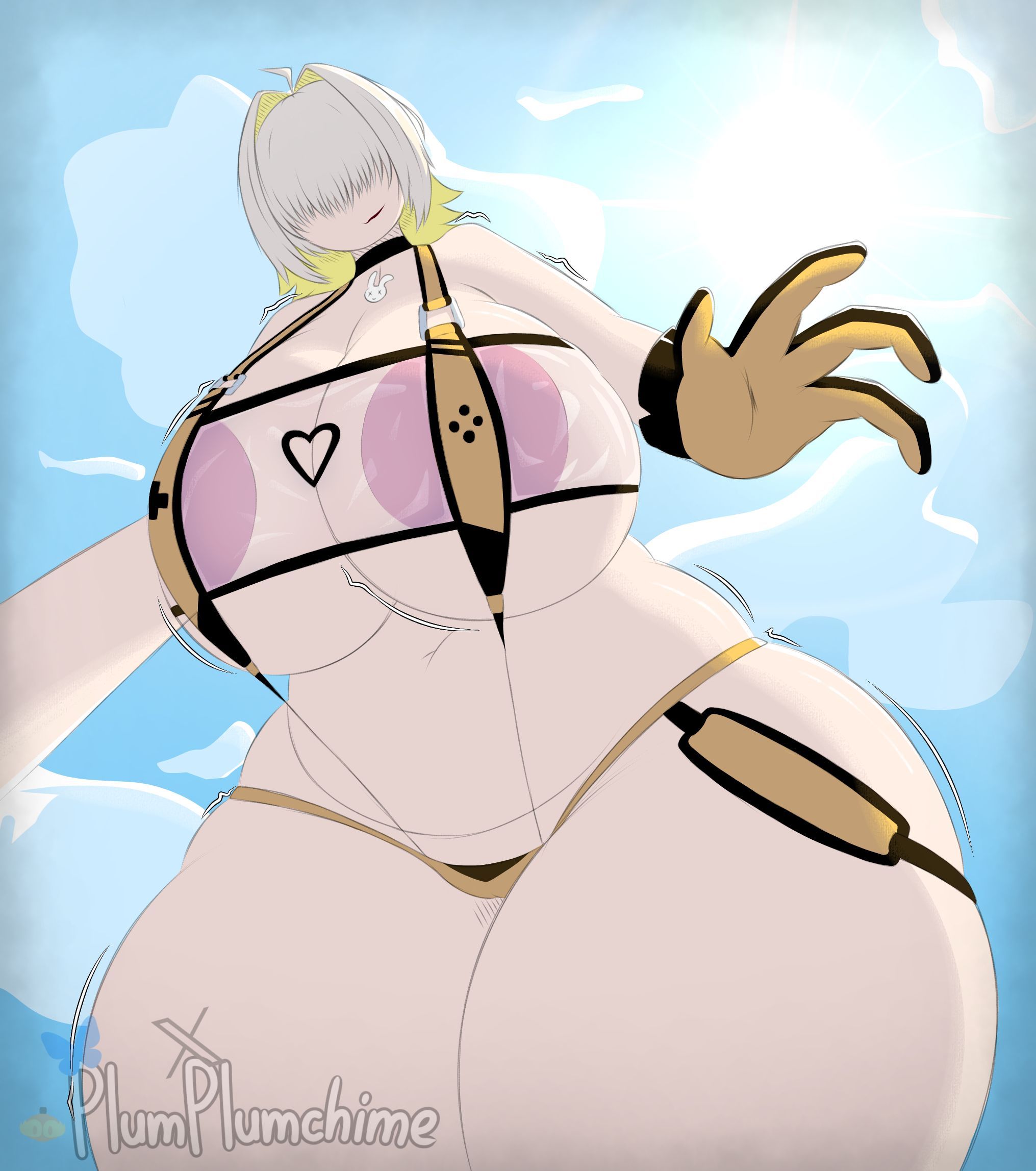 1female, 1girls, 2025, 2d, areolae, bangs, barely clothed, beach, big ass, big breasts, bikini, blonde hair, breasts, color, colored, digital art, digital drawing (artwork), digital media (artwork), elegg (boom and shock) (nikke), elegg (nikke), female, female only, gloves, goddess of victory: nikke, hair over eyes, hyper, hyper ass, hyper breasts, hyper hips, hyper thighs, looking at viewer, looking down, plumkinplumchime, sky, solo, solo female, wide hips, yellow hair, yellow outfit