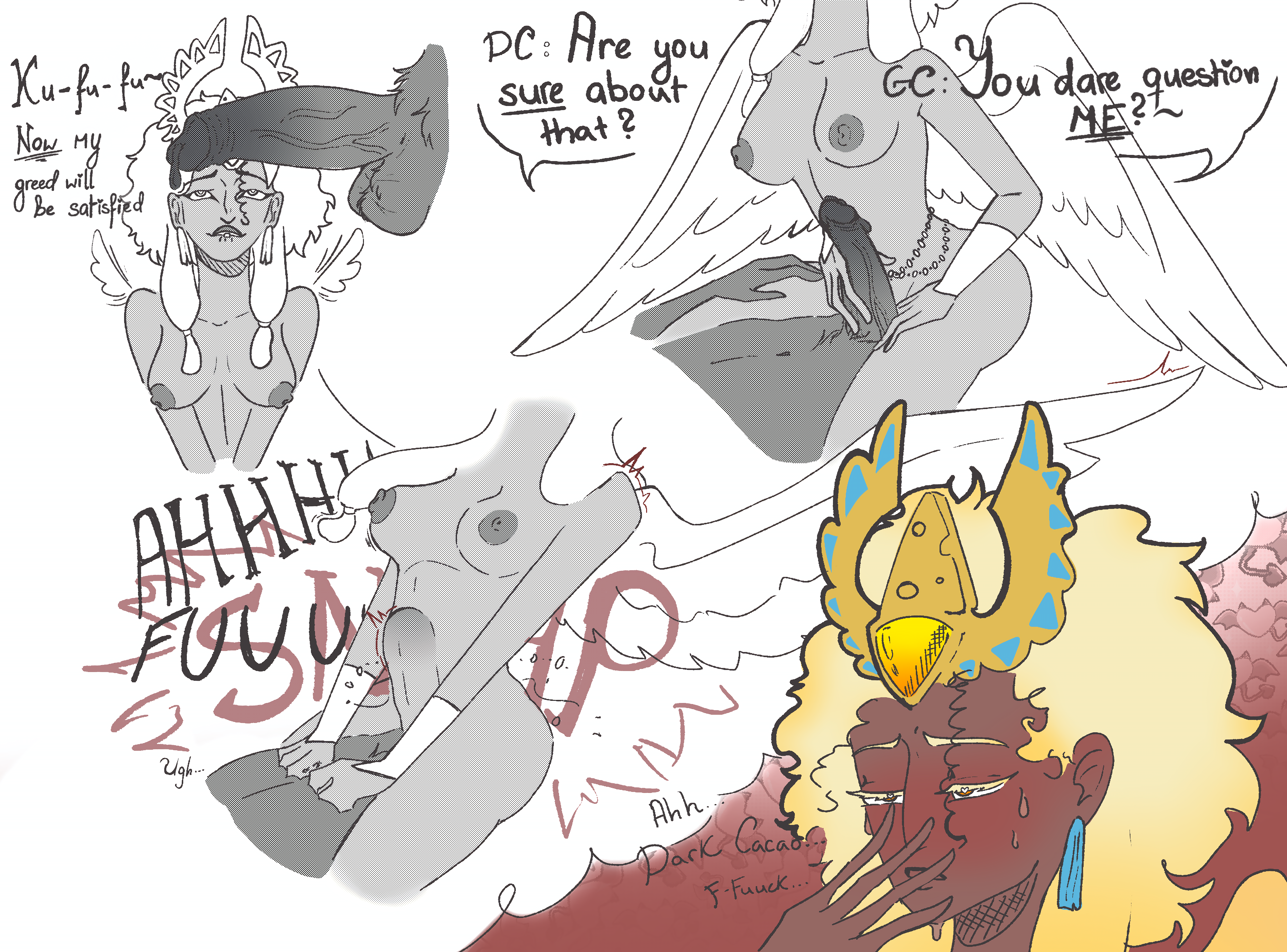 1boy1girl, belly bulge, blonde hair, color, cookie run, cookie run kingdom, dark cacao cookie, female, golden cheese cookie, huge cock, imagination, listikchaya, male, orange eyes, penis, pussy, vaginal penetration, waist beads, wings