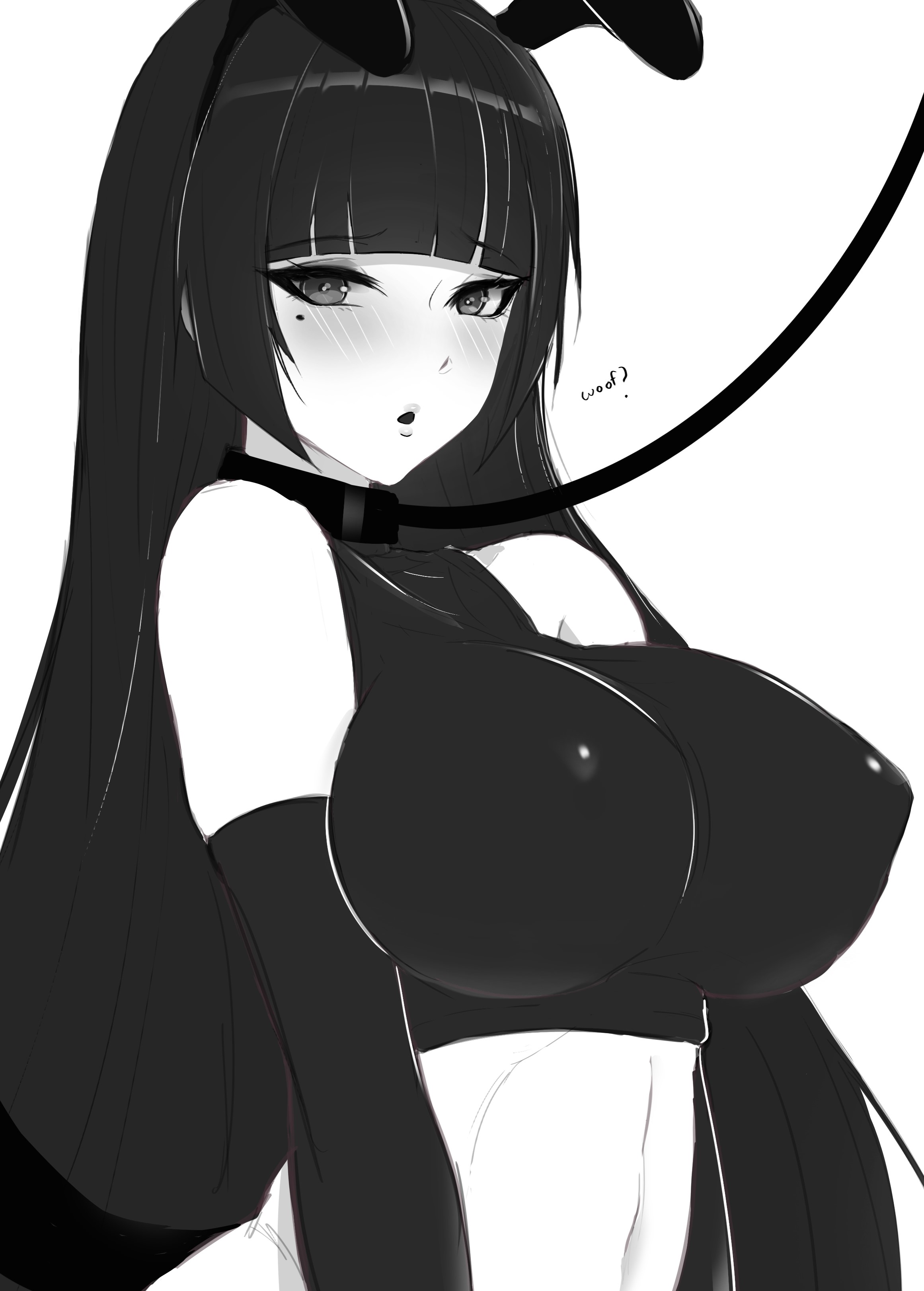 1girls, big breasts, black hair, blush, breasts, chilichi, clothing, collar, covered nipples, crop top, elbow gloves, english text, fake animal ears, female, female only, femsub, gloves, greyscale, hime cut, large breasts, leash, long hair, looking at viewer, monochrome, navel, nipples, open mouth, original, original character, otoko no ko, petplay, shirt, sleeveless, sleeveless shirt, text, trap, upper body