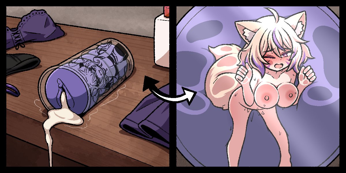 ahoge, animal ears, blush, bra removed, breasts, clothes removed, cum, female, inksgirls, large breasts, letterboxed, nipples, nude, onahole, one eye closed, open mouth, purple eyes, semen, sex toy, short hair, shrink, squchan (vtuber), stuck, tail, tears, underwear, virtual youtuber, vyugen, white hair