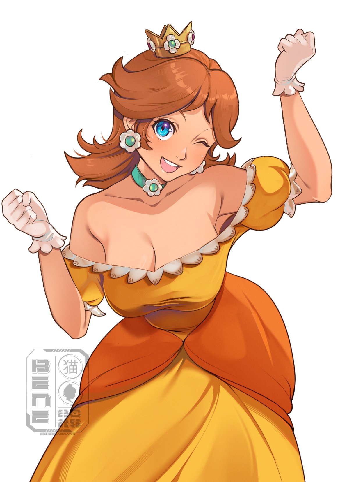 1girls, adapted costume, bare shoulders, beneceadraws, blue eyes, blush, breasts, brown hair, cleavage, collarbone, crown, dress, earrings, female, female only, flipped hair, flower earrings, gloves, gold crown, highres, jewelry, large breasts, long hair, looking at viewer, mario (series), nintendo, off shoulder, off-shoulder dress, one eye closed, open mouth, orange dress, princess daisy, puffy sleeves, short sleeves, simple background, smile, solo, teeth, upper teeth only, white background, white gloves, yellow dress