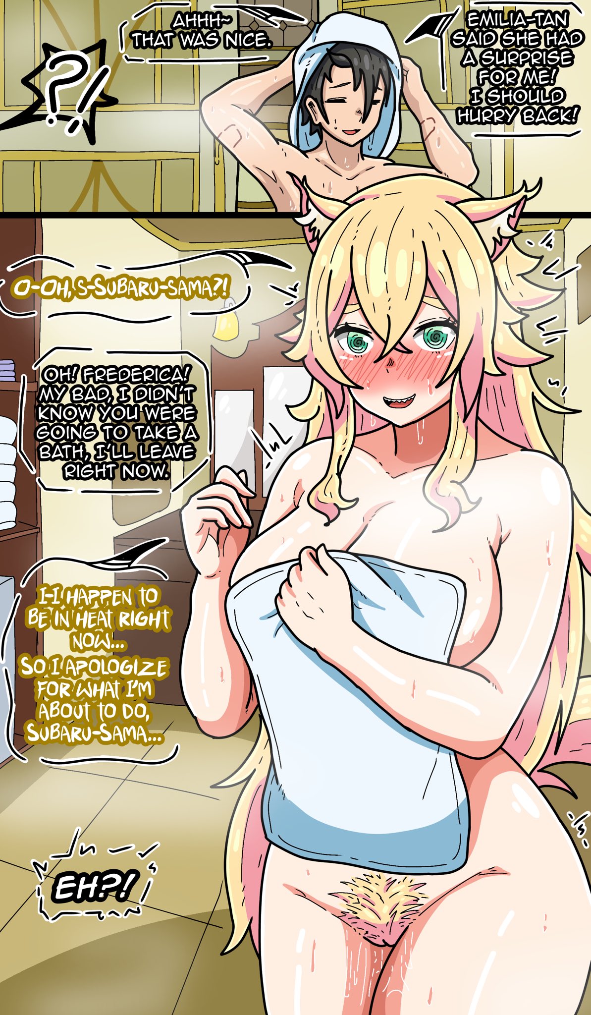 1girls, apoelayoshi7, black hair, black hair male, blonde, blonde female, blonde hair, blonde hair female, blonde-haired female, english text, female pubic hair, frederica baumann, natsuki subaru, nude, nude female, pubic hair, re:zero kara hajimeru isekai seikatsu, text, towel, towel only