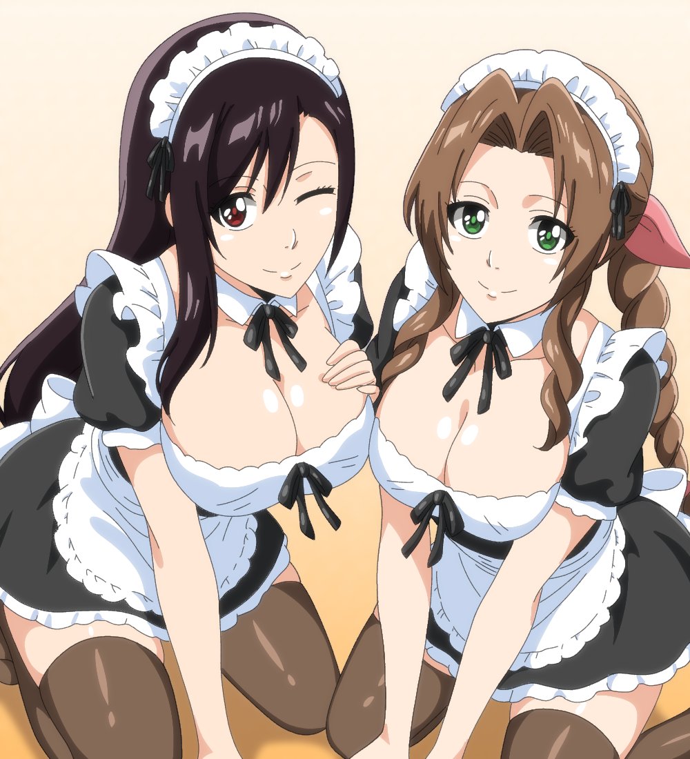 2girls, aerith gainsborough, big breasts, black hair, black tie, bowtie, braid, braided hair, braided ponytail, breasts, brown hair, cleavage, collarbone, detached collar, final fantasy, final fantasy vii, glistening, glistening breasts, green eyes, hand on breast, large breasts, maid, maid apron, maid headdress, maid outfit, maid uniform, multicolored background, multiple girls, on knees, red eyes, short sleeves, sidelocks, single sidelock, smile, square enix, thighhighs, tie, tifa lockhart, tifa lockhart (1997), trenganfinn29, wink, winking at viewer