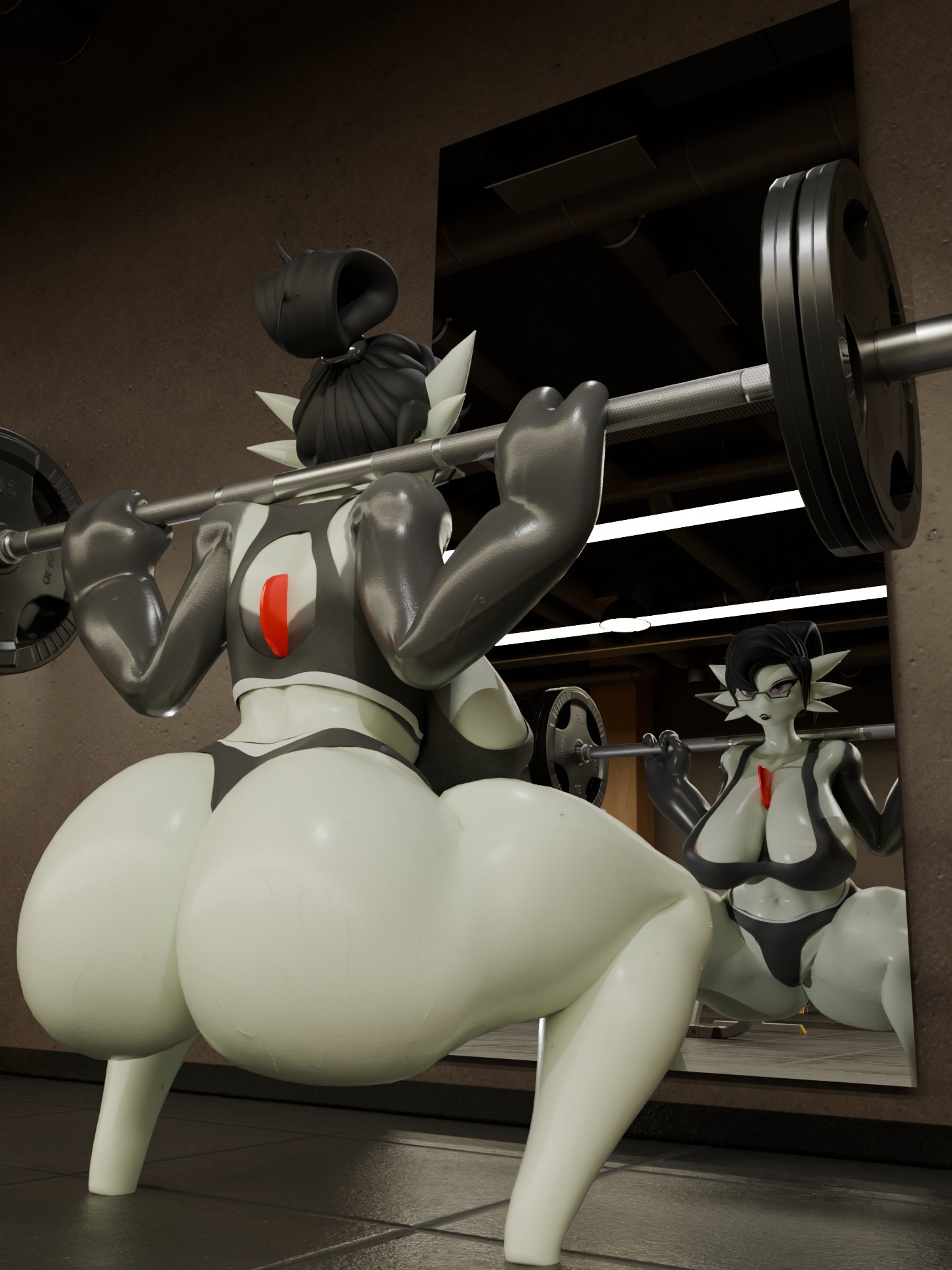 2024, 3d, absurd proportions, ass, ass focus, barbell, big ass, big breasts, breasts, breasts bigger than head, bubble butt, female, female only, focused, gardevoir, glasses, goth, goth girl, gym, gym clothes, gym uniform, hair bun, hanging breasts, huge ass, huge breasts, lifting weights, lipstick, massive ass, massive thighs, nintendo, panties, pokemon, pokemon (species), serious look, slugcats (artist), squatting, thick thighs, tied hair, warfare gardevoir, warfare machine, workout