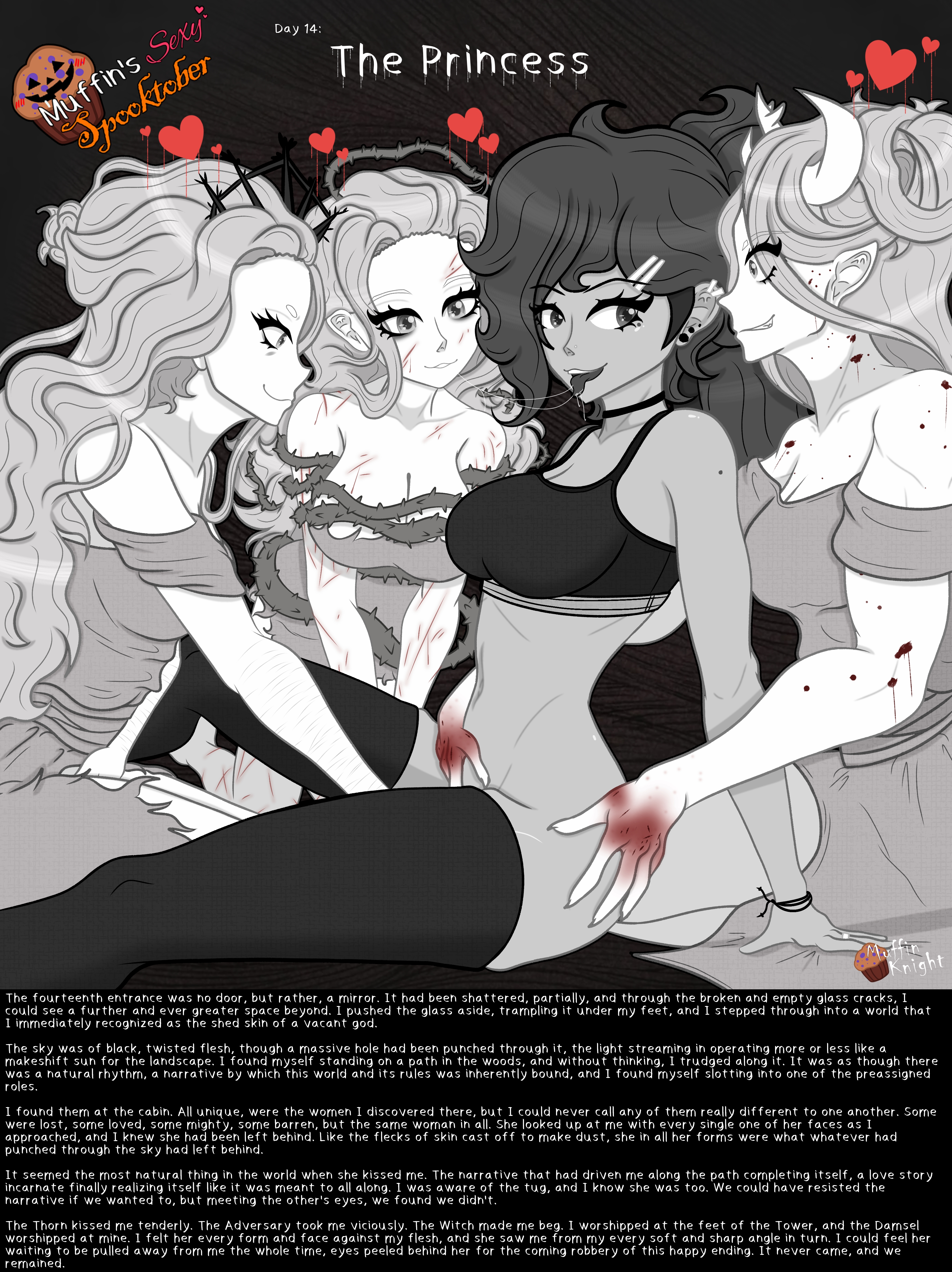 4girls, after kiss, black and white, blood, blood splatter, blood stain, caption, choker, crown, dark hair, dress, female, fingering, fingering partner, grayscale, groping, groping from behind, halloween, halloween 2025, hand on ass, heart, horns, imminent sex, lesbian sex, light hair, long hair, mole, mole under eye, monochrome, monochrome characters, muffin (muffinknight), muffinknight, muscular, muscular female, no panties, ponytail, saliva, saliva string, saliva trail, shoulderless dress, slay the princess, spooktober, sports bra, sports bra only, story, story in picture, tan, text, text box, the adversary (slay the princess), the thorn (slay the princess), the witch (slay the princess), thighhighs, thorns, tiara, vines, yuri