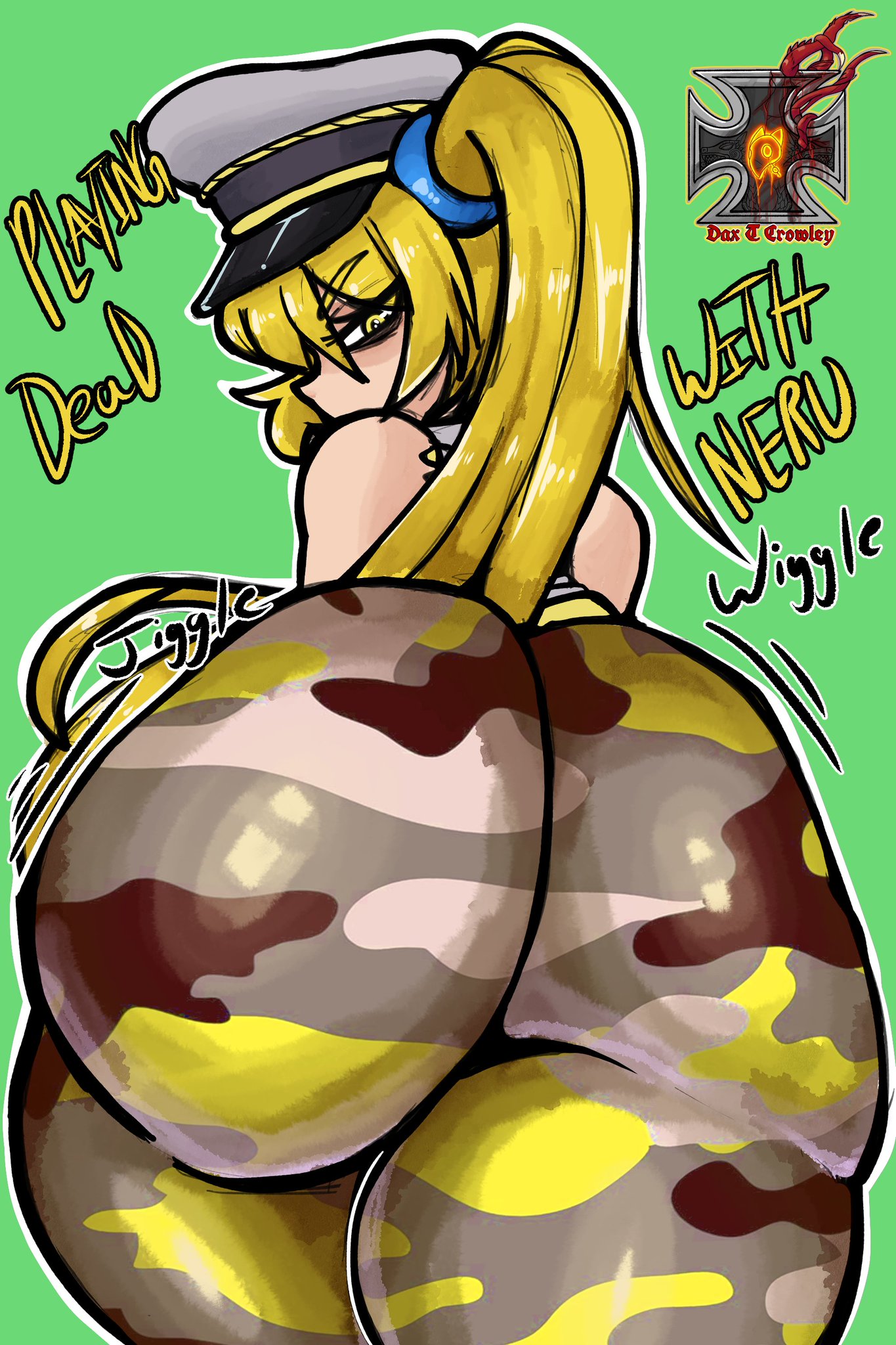 1girls, akita neru, ass, ass focus, big ass, bottom heavy, camo pants, clothed, curvy, female, hips wider than shoulders, looking at viewer, looking back, military cap, military hat, military pants, motion lines, onomatopoeia, rose dax, side ponytail, sleeveless shirt, vocaloid, wide hips, wobbling ass, yellow eyes, yellow hair