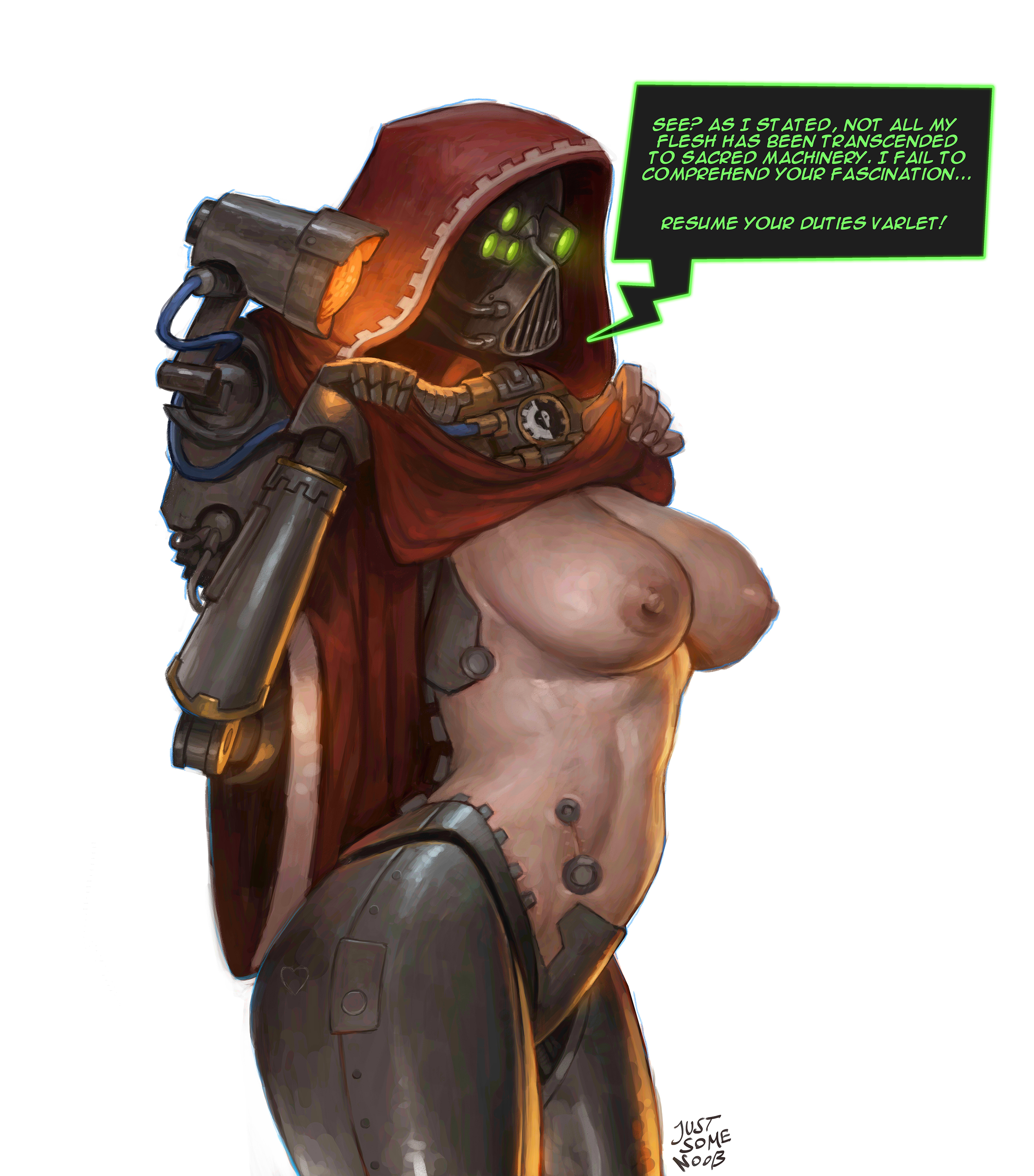 1girls, adeptus mechanicus, ass, big ass, blonde hair, blue eyes, breastless clothes, breastless clothing, breasts, child bearing hips, curvaceous, curvaceous ass, curvaceous body, curvaceous female, curvaceous figure, curvaceous hips, curvaceous thighs, curvy, curvy body, curvy female, curvy figure, curvy hips, curvy thighs, cyborg, darktide, eye contact, female, female focus, female only, functionally nude, functionally nude female, hadron-omega-7-7, hands on hips, justsomenoob, large ass, large breasts, mechanical parts, metal tentacles, monocle, red cloak, solo, solo female, solo focus, text bubble, thick, thick ass, thick butt, thick hips, thick legs, thigh highs, voluptuous, voluptuous female, waifu, warhammer (franchise), warhammer 40k, wide hips