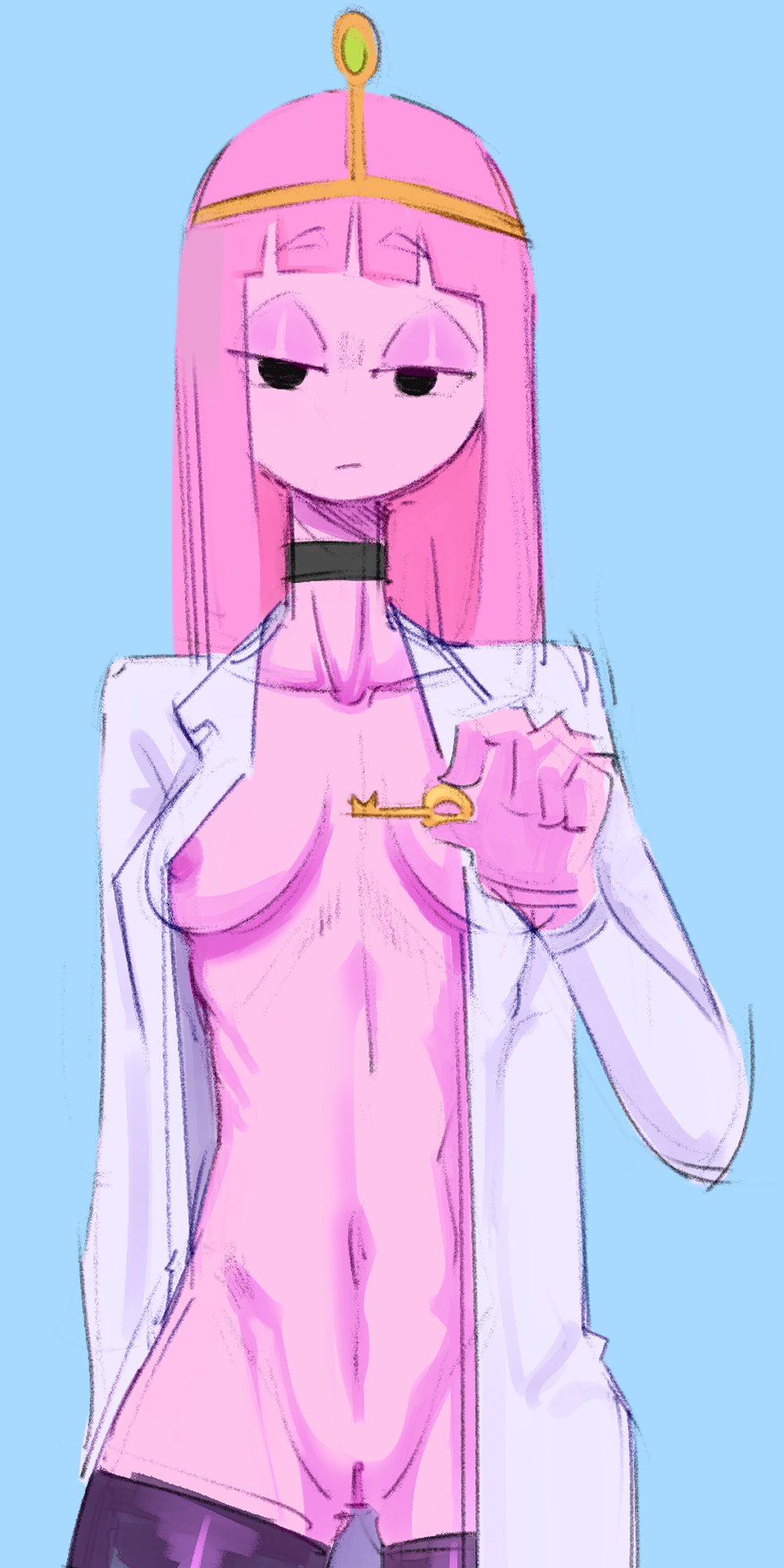 adventure time, bubble gum, chastity key, fanart, key, pink body, pink hair, pink nipples, pink skin, princess bubblegum, skuunk02, thighhighs